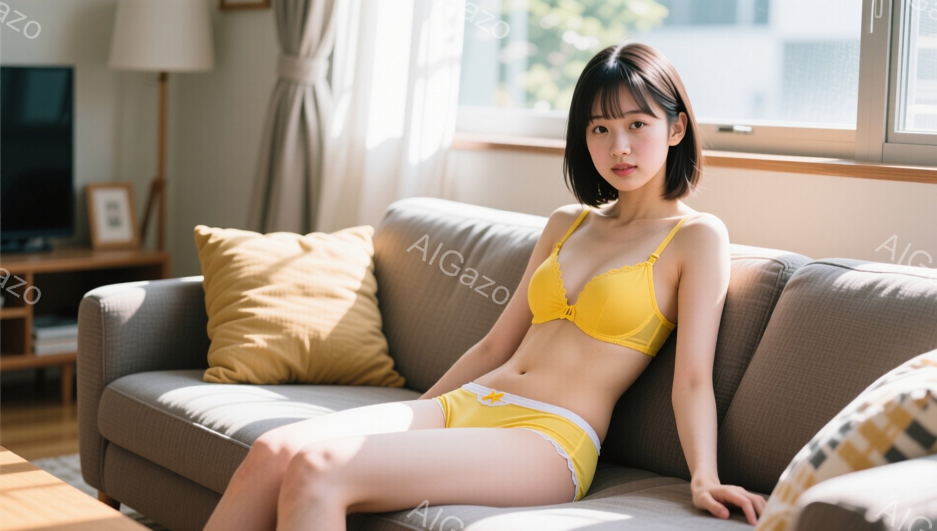 モデルはグレーのソファに横たわり、イエローのブラとショーツを身に着けている。彼女は黒髪のショートボブで、リラックスした表情でカメラを見ている。背景には窓から差し込む光と、シンプルな内装の部屋が見える。