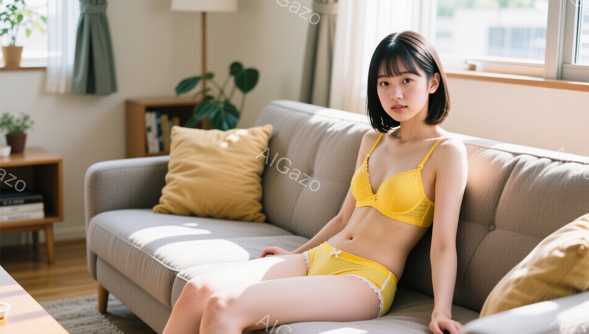 明るいリビングルームのソファに若い女性が座っています。彼女は黄色いブラとショーツを身につけ、ダークブラウンのショートヘアで、少し微笑んでいます。背景には植物、本棚、窓から差し込む日光があり、リラックス - AI生成フリー素材