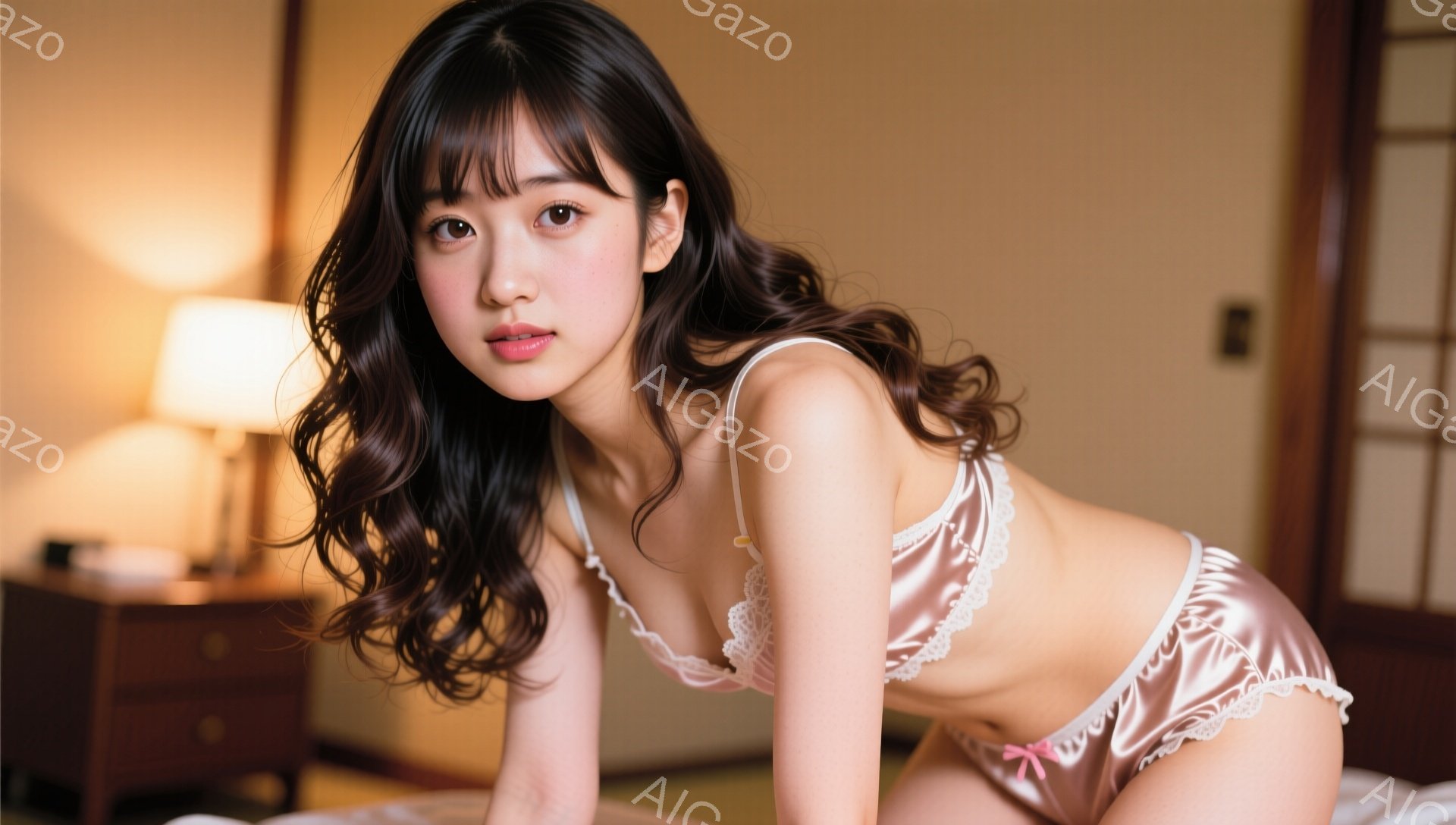 長い黒髪を肩から背中にふんだんに伸ばした女性が、薄ピンク色のサテン生地のキャミソールとショーツのセットアップ姿でベッドの上に跪いています。彼女はカメラを見つめ、少し微笑んだ表情で、しなやかな姿勢を見せています。背景には木製のナイトスタンドと畳敷きの部屋がぼんやりと見え、暖かく落ち着いた雰囲気です。