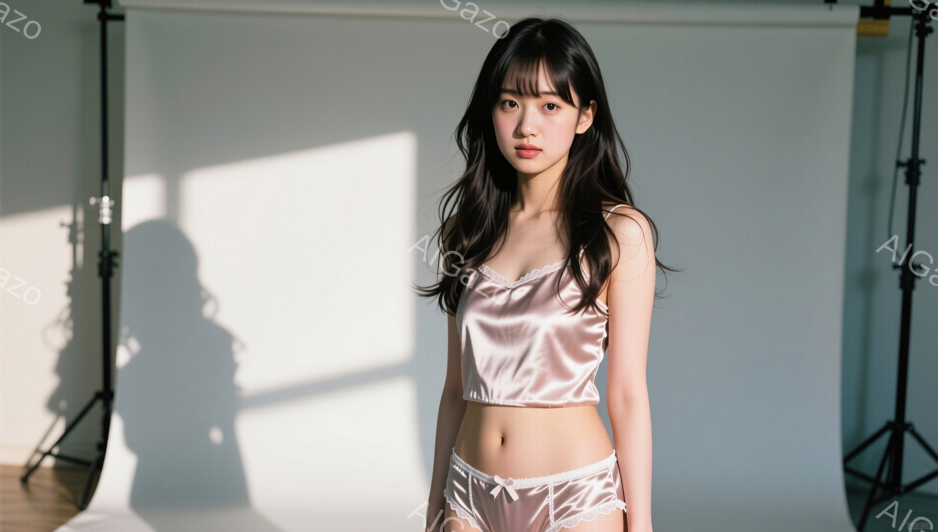 長い黒髪で、前髪はぱっつんカットの女性が、淡いピンク色のサテン風のキャミソールとショーツ姿で立っている。彼女はやや微笑んでおり、少し内気な表情をしている。背景は白く、撮影用のライトやスタンドがわずかに見える。