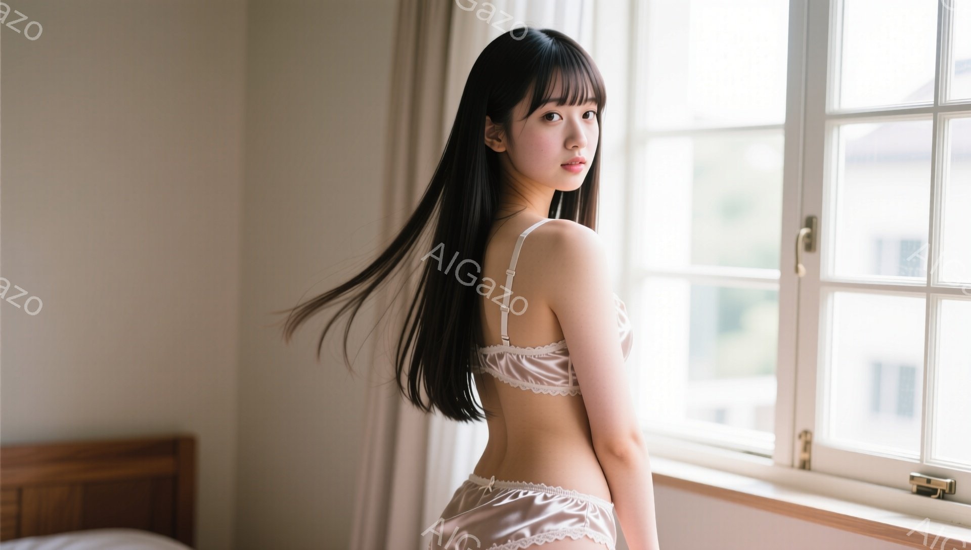 長い黒髪を背中に流した女性が、ベージュ色のレースのブラとショーツ姿で窓辺に立っている。彼女は少し振り返り、憂いを帯びた表情で遠くを見つめている。窓の外には建物が見え、室内は柔らかい光で満たされ、穏やか - AI生成フリー素材