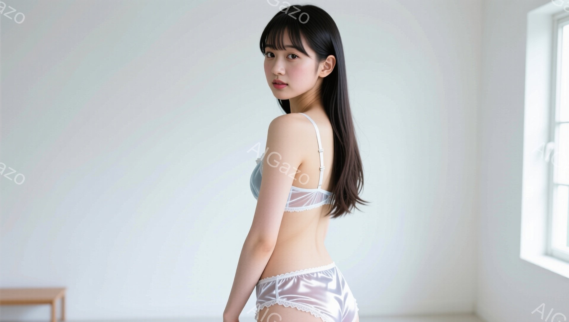 長い黒髪をなびかせ、ブルーグレーのブラと光沢のあるラベンダー色のショーツを身につけた女性が描かれています。彼女は少し振り返り、カメラに向かって微笑んでいます。背景は白壁で、窓から自然光が差し込み、穏やかでミニマルな雰囲気を醸し出しています。