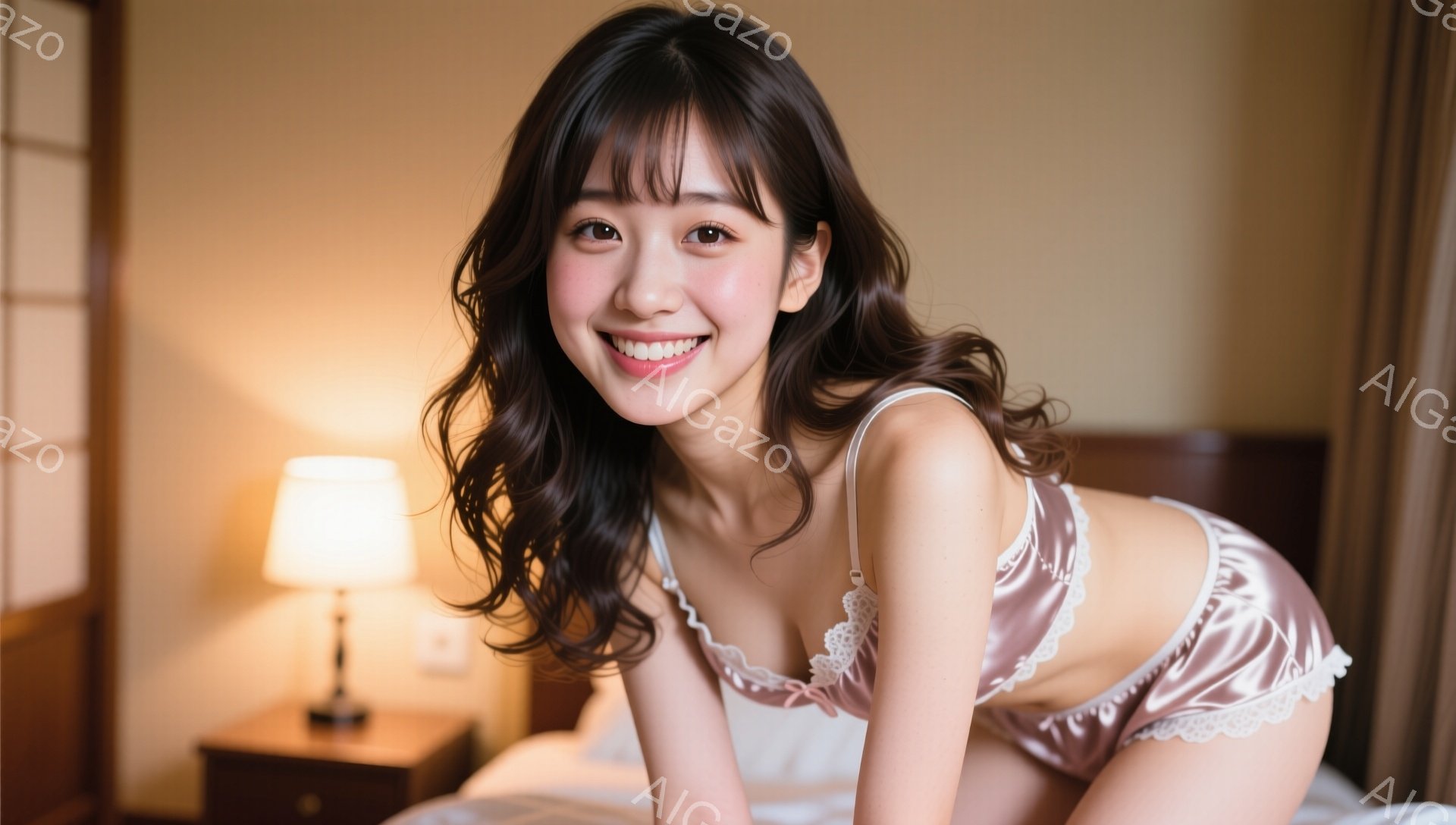 長い茶色の巻き毛が肩にかかり、ピンク色のサテンのランジェリーを着た若い女性がベッドに横たわっています。彼女は満面の笑みを浮かべ、カメラに向かって微笑んでいます。背景には木製のナイトスタンドとランプが見 - AI生成フリー素材