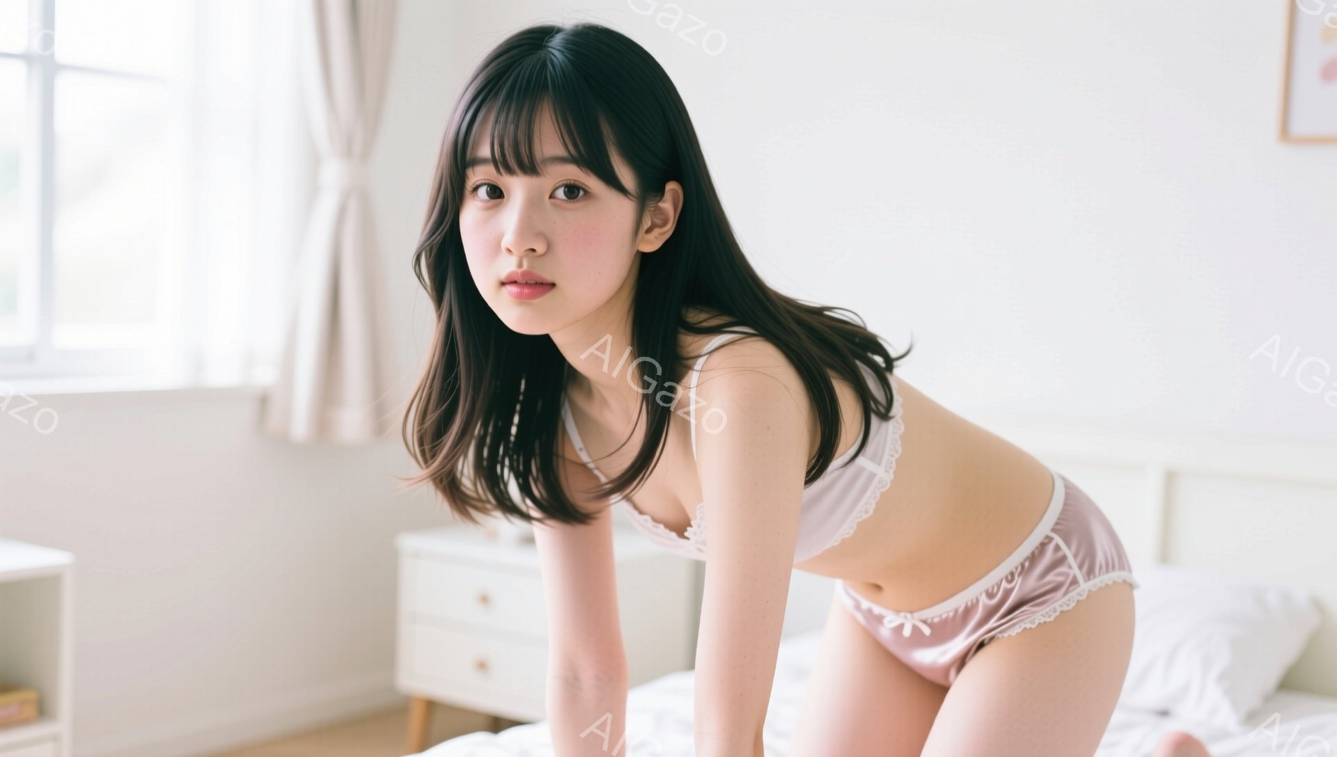 黒髪で前髪が目にかかる女性が、薄いピンク色のランジェリーを身に着けてベッドに立っている。彼女は少し体を丸め、カメラの方を振り返るように見つめている。背景には白い壁と木製のチェストがあり、部屋全体が明る - AI生成フリー素材