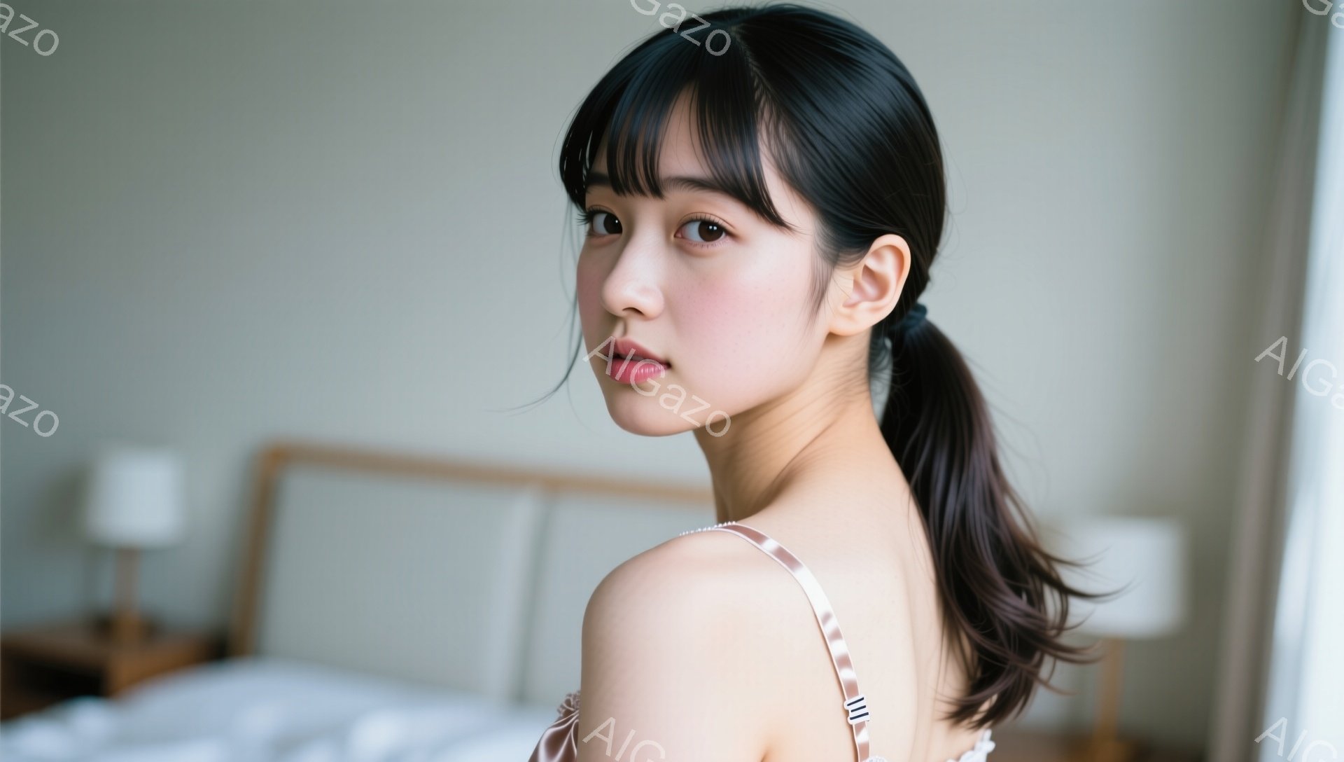 彼女は肩出しの薄いピンク色のキャミソールを着て、ダークブラウンの髪をハーフアップにしています。少し微笑んでおり、カメラの方向とは反対側を見ているため、横顔が強調されています。背景は柔らかい光の入る寝室で、ベッドとナイトスタンドが見え、全体的に穏やかで優しい雰囲気を醸し出しています。