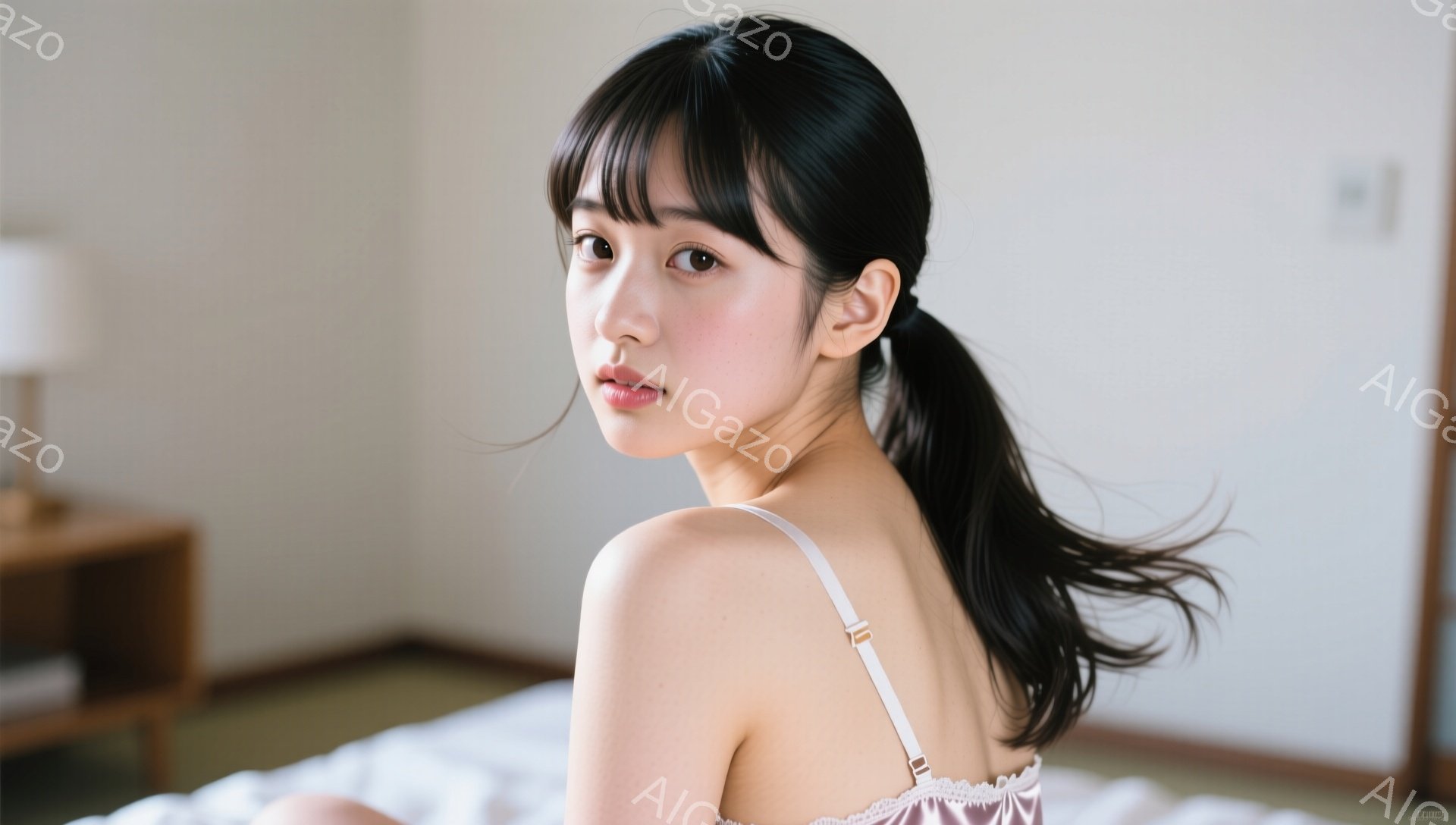 長い黒髪をハーフアップにし、額にかかる前髪が特徴的な女性が描かれています。薄いピンク色のキャミソールを着ており、白いストラップが肩から覗いています。背景は白くシンプルな部屋で、小さなテーブルとランプが - AI生成フリー素材
