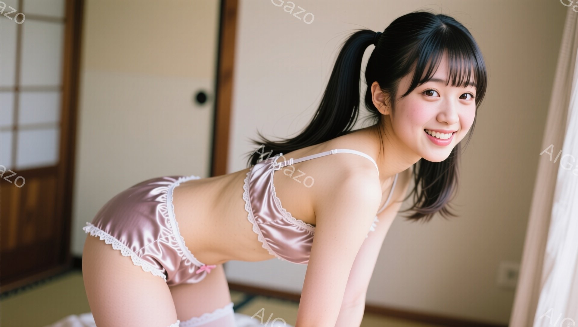 長い黒髪をポニーテールにし、明るい笑顔を見せる女性が写っています。薄いピンク色のレースのついたブラとショーツを身につけ、少し前かがみの姿勢で、畳の上に立っています。背景には障子と控えめな内装が見え、全 - AI生成フリー素材