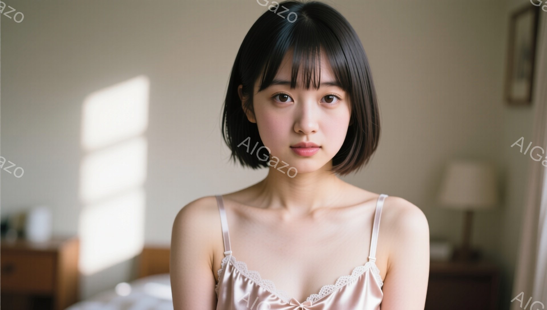 ショートヘアの若い女性が、薄いピンク色のキャミソールを着て正面を見つめています。彼女は控えめな微笑みを浮かべ、落ち着いた表情をしています。背景には、ベッドと間接照明のある、明るく柔らかな光が差し込む室 - AI生成フリー素材