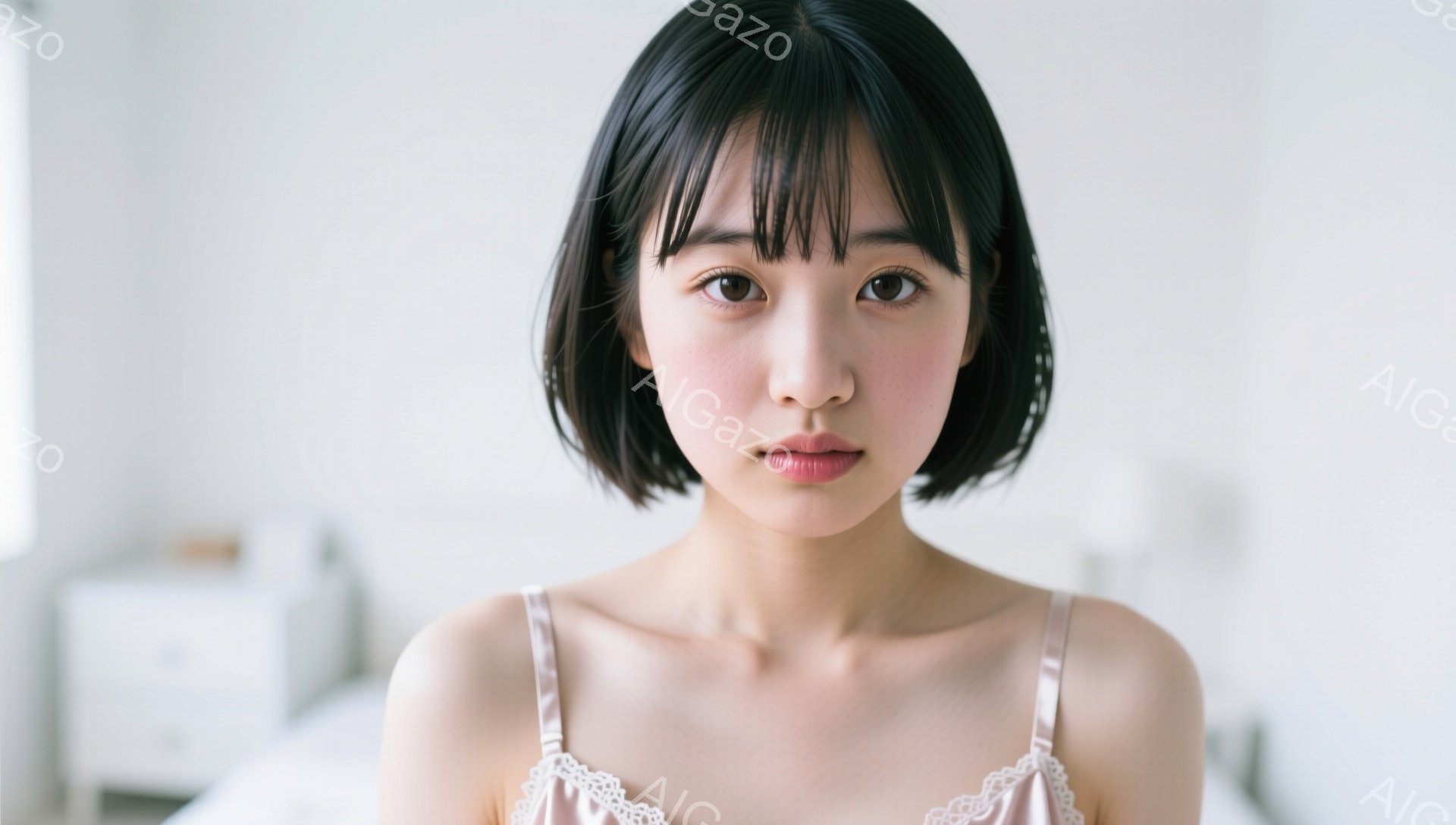 黒髪の短いボブヘアの女性が正面を見つめている。薄いピンク色のキャミソールを着ており、口元は軽く閉じられ、穏やかな表情をしている。背景はぼやけており、白を基調とした部屋の一部と、おそらくベッドの一部が見える。