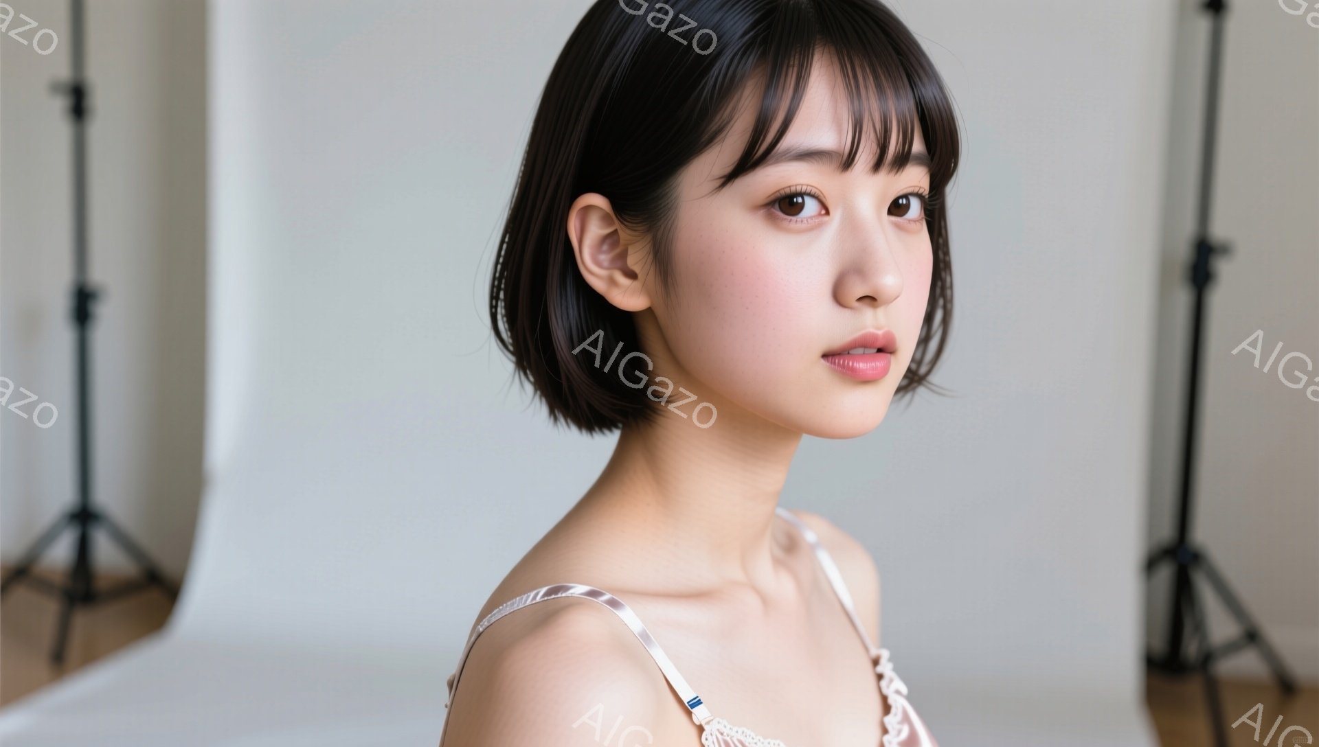 ショートヘアの若い女性が写っており、薄いピンク色のキャミソールを着ています。彼女は少し横を向き、微笑みを浮かべ、穏やかな表情をしています。背景は白く、プロの撮影スタジオのような三脚や照明器具が見えます - AI生成フリー素材