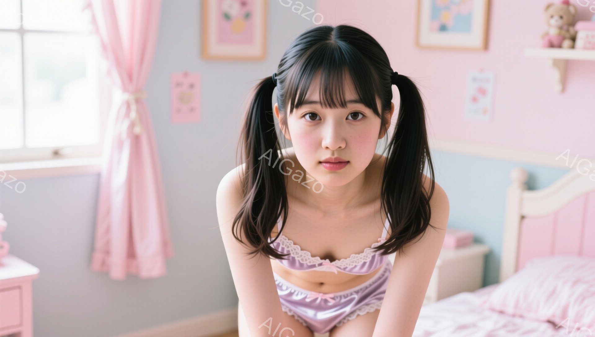 黒髪の女性がピンクのベッドの上に座っており、頭は両サイドに結ばれています。彼女はレースのトリミングが施された淡いピンク色のブラウスとショーツを着用し、少し照れたような表情をしています。背景にはピンクのカーテンや装飾が施されたベッドルームがあり、全体的に柔らかく可愛らしい雰囲気です。