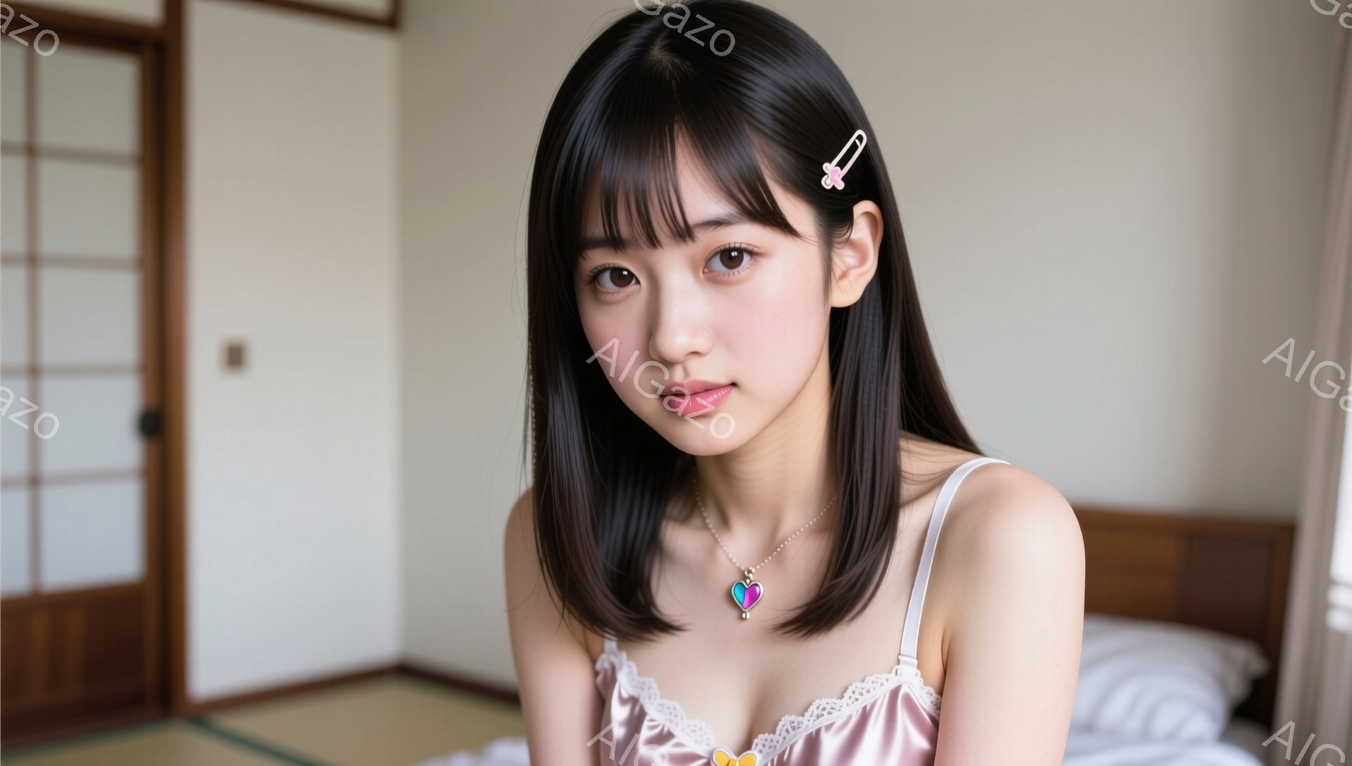 黒髪で前髪がぱっつんとした若い女性が、ピンク色のヘアピンをつけて微笑んでいます。淡いピンク色のキャミソールのようなトップスを着ており、首には小さなペンダントが光っています。背景は畳の部屋で、木製のドア - AI生成フリー素材