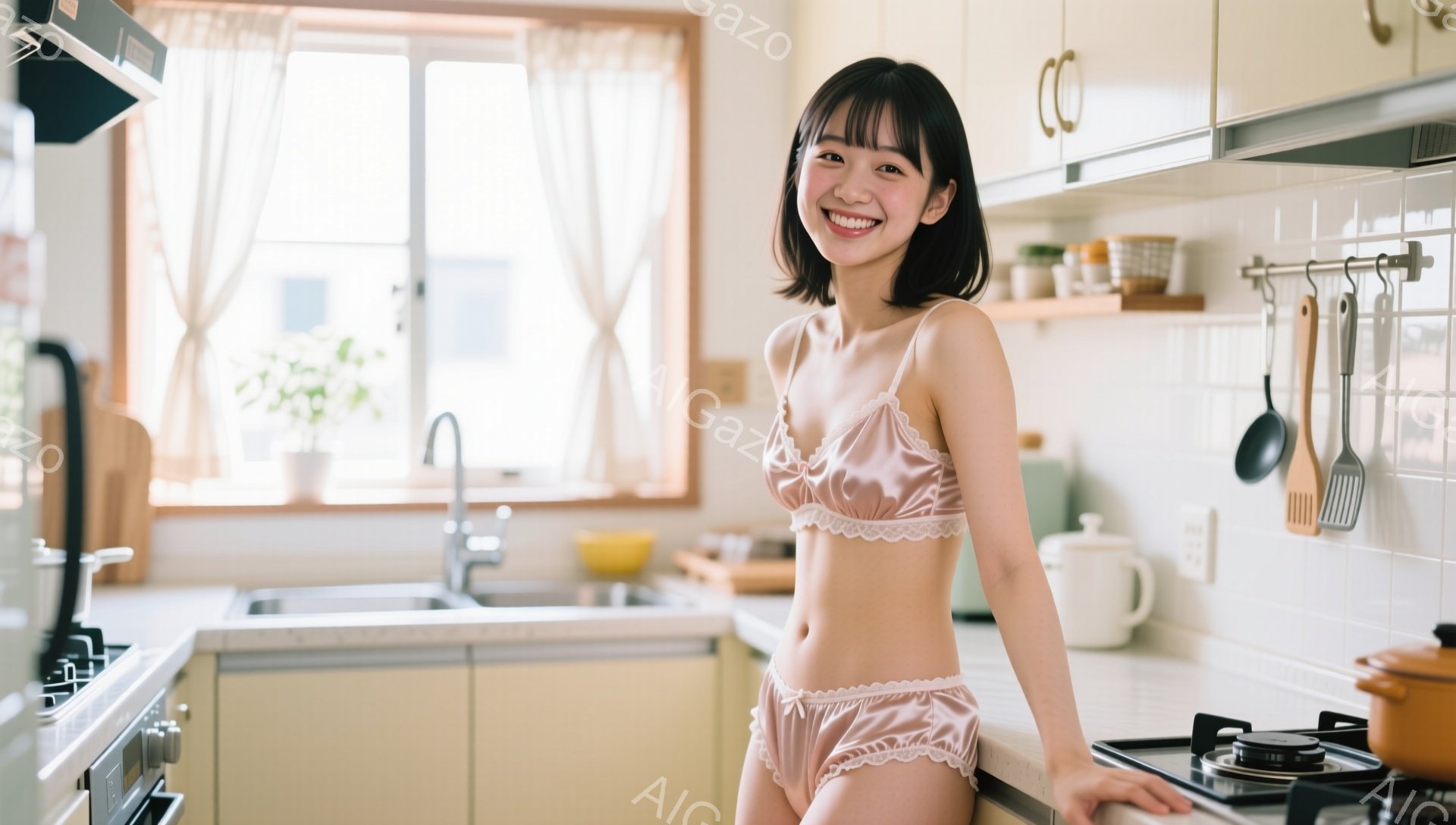 若い女性がキッチンに立っており、淡いピンク色のサテン生地のキャミソールとショーツを身に着けている。彼女は短い黒髪で、穏やかな笑顔を浮かべ、リラックスした様子で壁にもたれている。キッチンは明るく、クリーム色のキャビネット、ステンレス製のシンク、調理器具が整えられており、窓からは自然光が差し込んでいる。