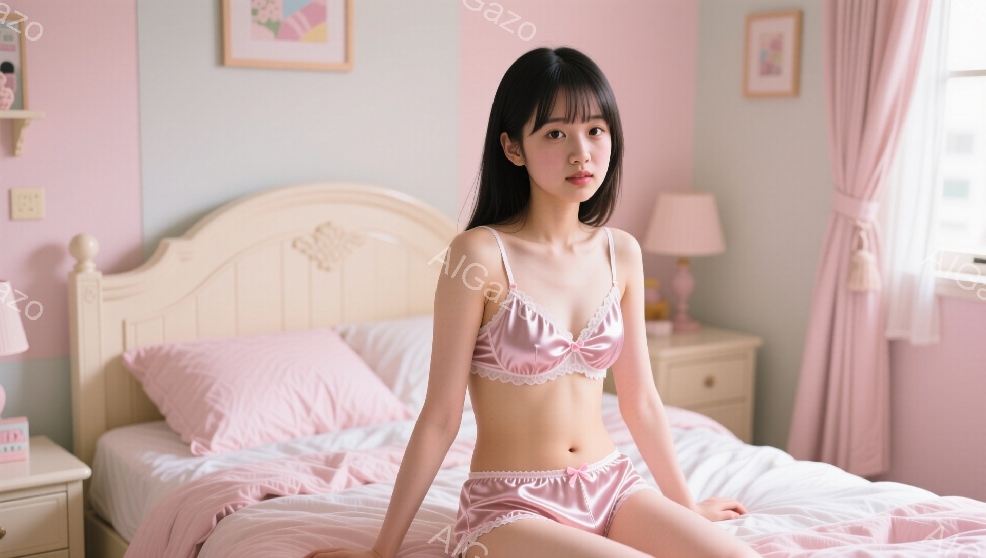 光沢のあるピンク色のランジェリーを着た若い女性が、ピンクを基調としたベッドの上に座っています。彼女は黒髪のストレートヘアで、やや無表情な表情をしています。背景には、装飾的なベッドサイドテーブルと絵画があり、全体的に柔らかく、夢幻的な雰囲気を醸し出しています。