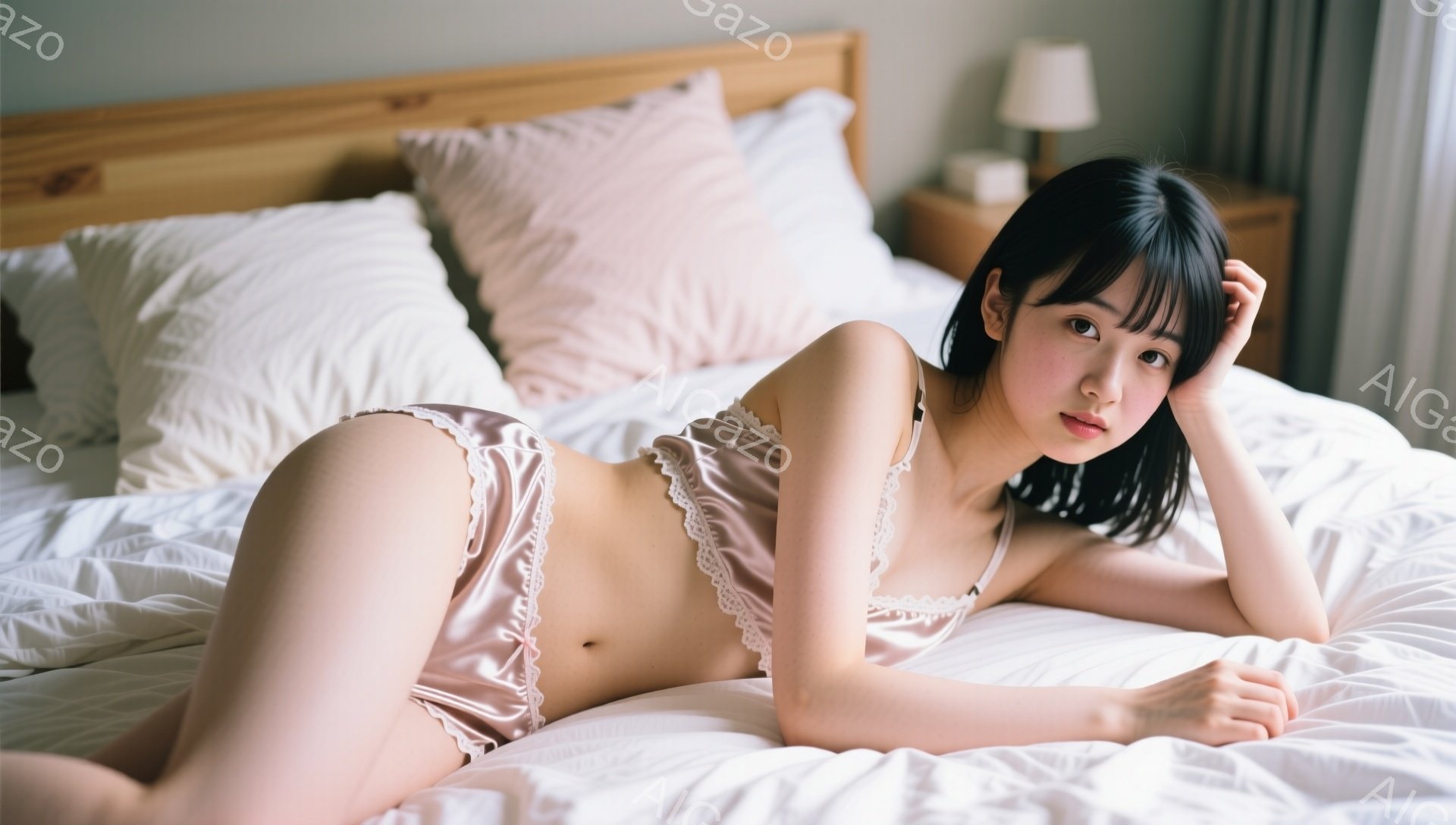 ベッドの上で、ピンク色のサテンのキャミソールとショーツを身につけた若い女性が横たわっています。彼女は黒髪で、片手を頭に当てて、少し憂いを帯びた表情でカメラを見ています。背景には、ふわふわの枕と、柔らか - AI生成フリー素材