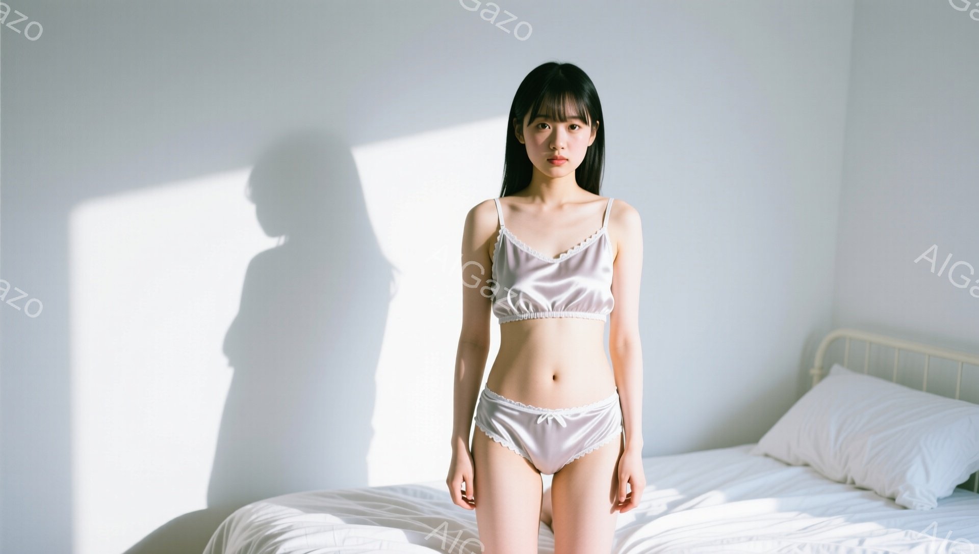 若い女性が、淡いピンク色のサテンのようなランジェリーセットを身に着けてベッドの上に立っている。彼女は黒髪のストレートヘアで、表情はやや無表情で、カメラを見つめている。背景は白い壁とベッドで、強い光が差し込み、彼女の影が壁に映っている。