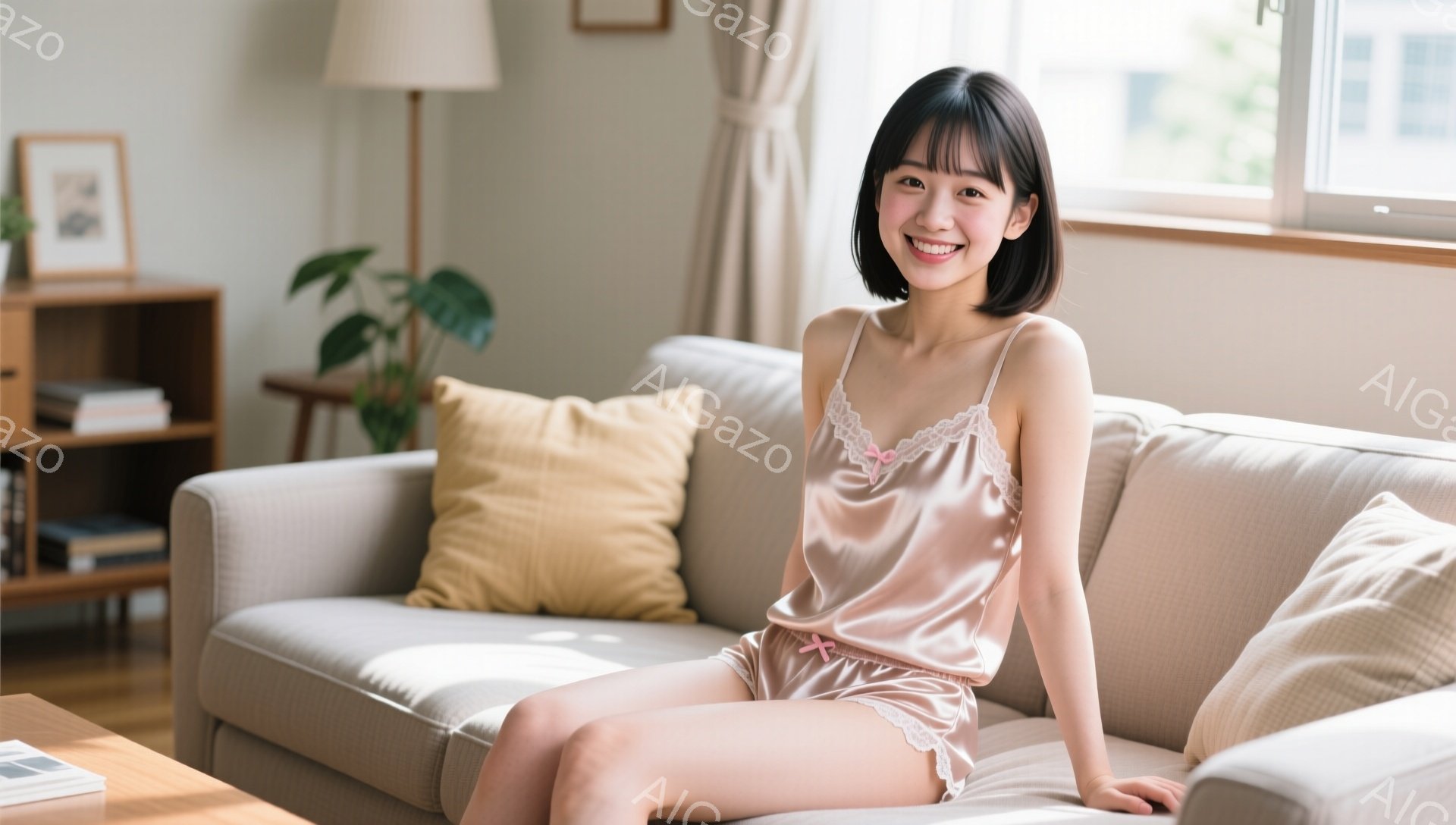 若い女性がベージュのソファに座っており、明るい笑顔を浮かべています。彼女はクリーム色のシルクのようなキャミソールとショートパンツを身に着け、黒髪を肩の長さで切り揃えています。背景には植物、本棚、自然光 - AI生成フリー素材