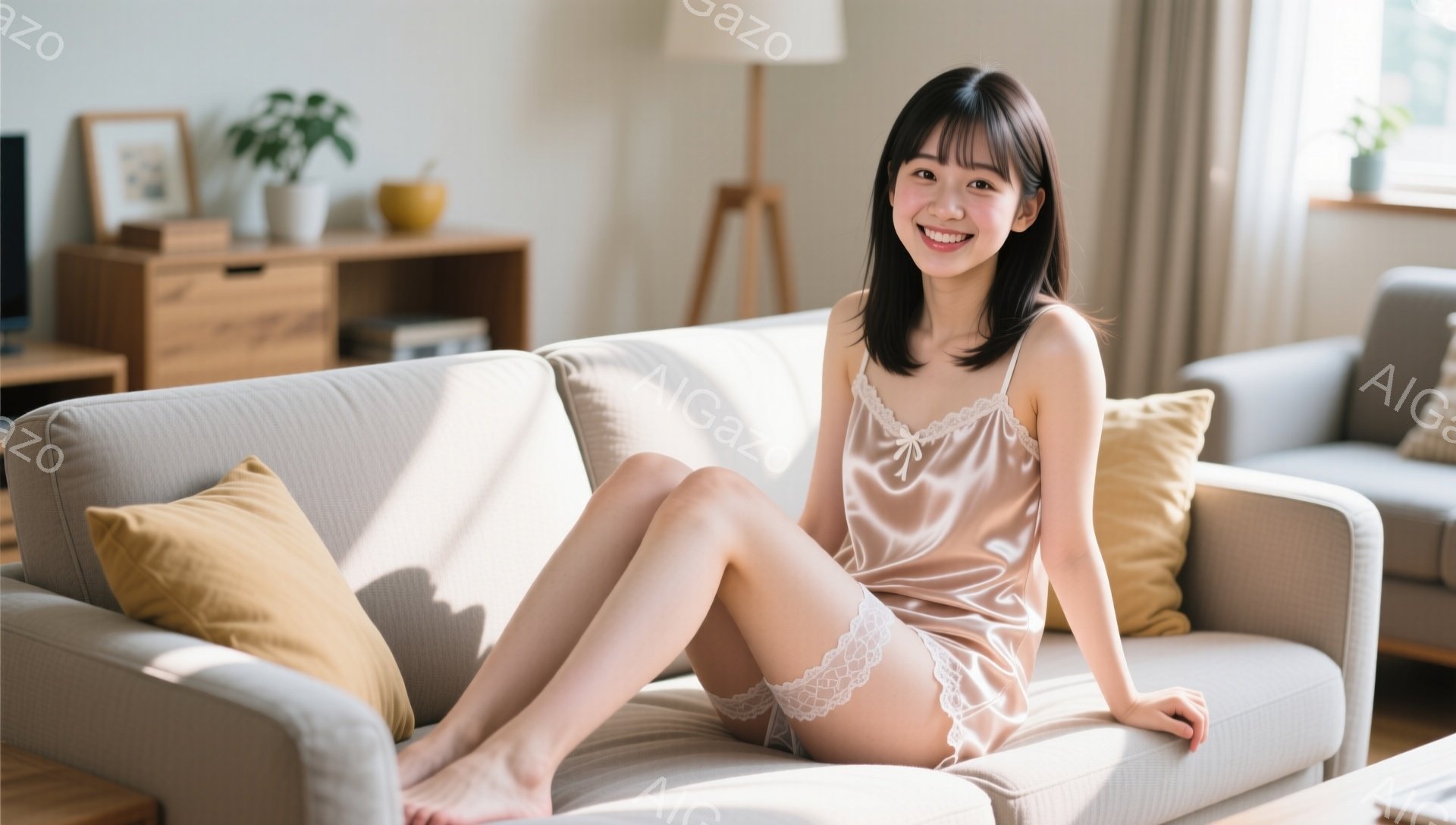 長い黒髪で、前髪は眉毛にかかるくらいにカットされた若い女性が、明るいベージュ色のソファに座っています。彼女はクリーム色のレースが縁取りされたサテンのキャミソールとショートパンツを身につけ、足を組んで笑 - AI生成フリー素材