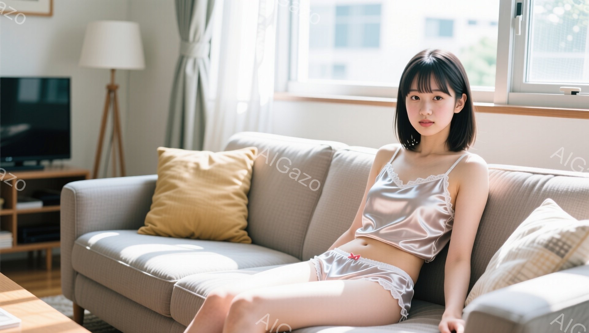 明るいリビングルームのソファに座る若い女性が写っている。クリーム色のシルクのようなパジャマ上下を着ており、黒髪のショートボブヘアで、穏やかな表情をしている。背景には窓から差し込む光があり、建物のシルエットが見え、室内は暖かくリラックスした雰囲気である。