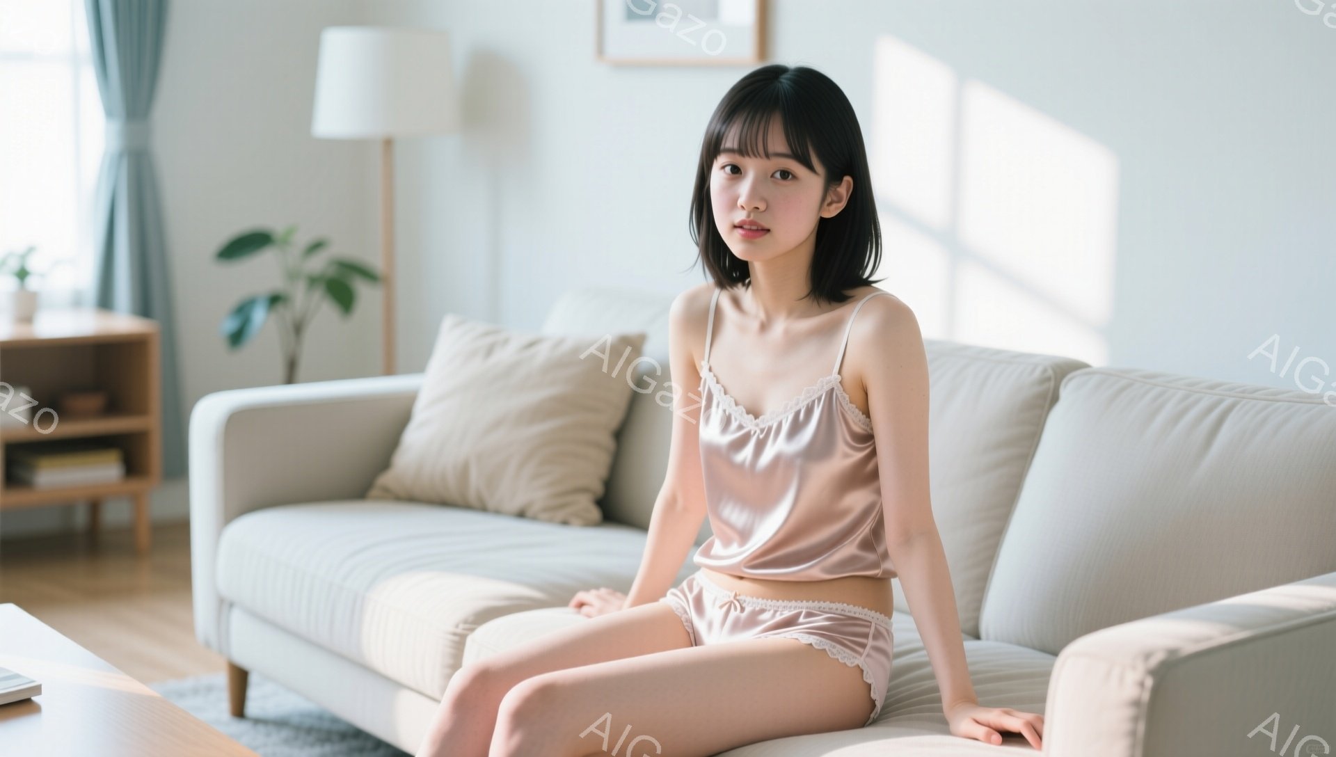 明るいリビングルームに、短い茶髪の女性がベージュのソファに座っています。彼女は薄茶色のサテンのキャミソールとショーツ姿で、膝を曲げて座り、少し微笑んでいます。背景には、観葉植物や本棚、柔らかな光が差し - AI生成フリー素材