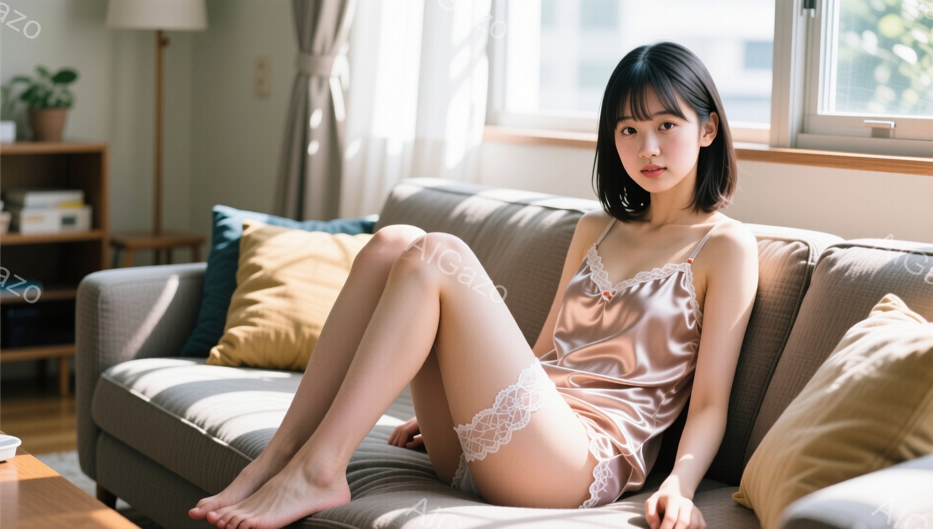 薄いピンク色のキャミソールとショーツ姿の女性が、明るいリビングルームのソファに座っています。彼女は足を組み、少し微笑んでいて、落ち着いた雰囲気を醸し出しています。背景には窓から光が差し込み、植物や家具 - AI生成フリー素材