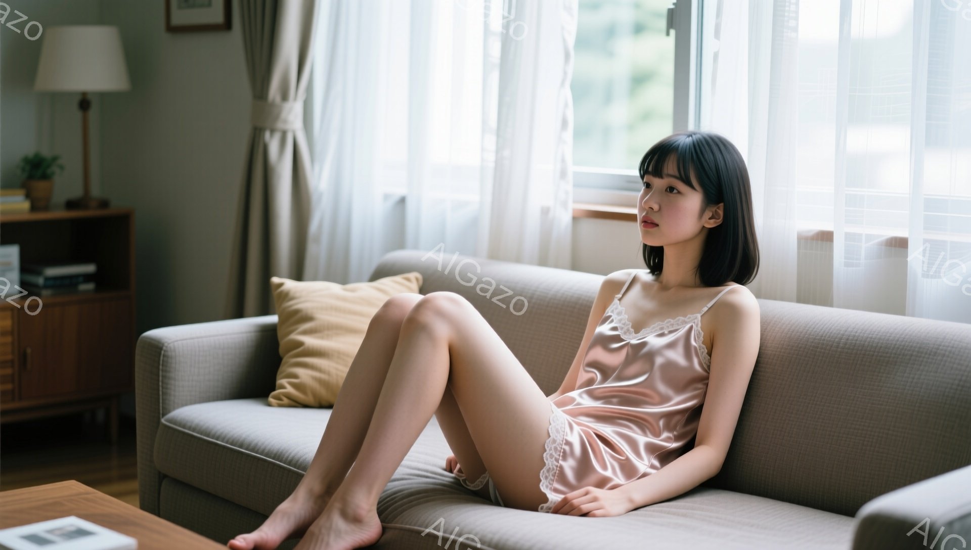 茶色のソファに座る若い女性が写っている。彼女は薄いピンク色のキャミソールとショートパンツを身につけており、黒髪のボブスタイルで、少し物憂げな表情をしている。窓から柔らかい光が差し込み、背景には木製の家具とぼやけた外の風景が見える、落ち着いた雰囲気の室内である。