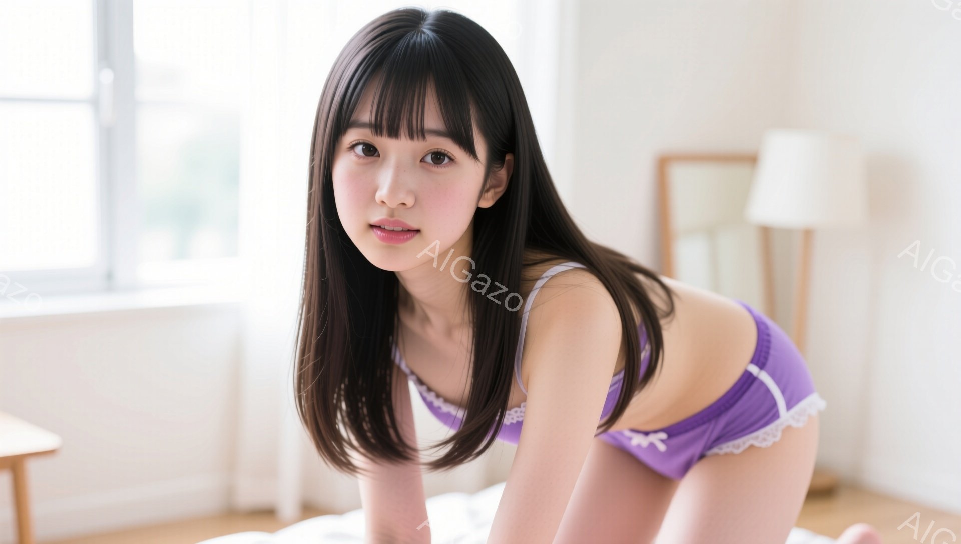 長い黒髪で、前髪は眉毛にかかるようにカットされた女性が写っています。紫色のレースのトリムが施されたキャミソールとショーツ姿で、ベッドの上に膝をついて、カメラの方を見て微笑んでいます。背景は、明るい自然光が差し込むシンプルな寝室で、木製の家具が見えます。