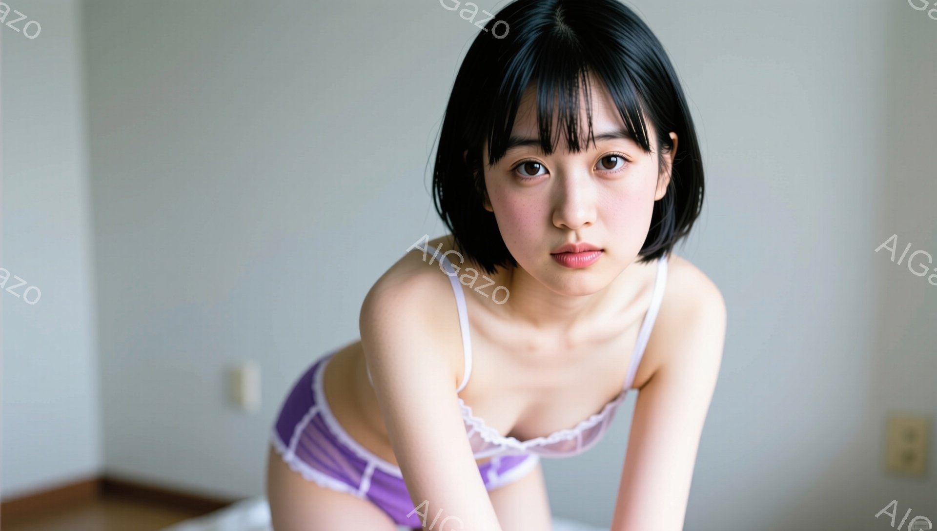 短い黒髪の女性が、白いレースのブラと紫色の下着を身につけて、カメラを見つめています。彼女はわずかに微笑み、少し俯きがちで、柔らかな表情をしています。背景は薄い灰色の壁で、室内である様子がわかります。