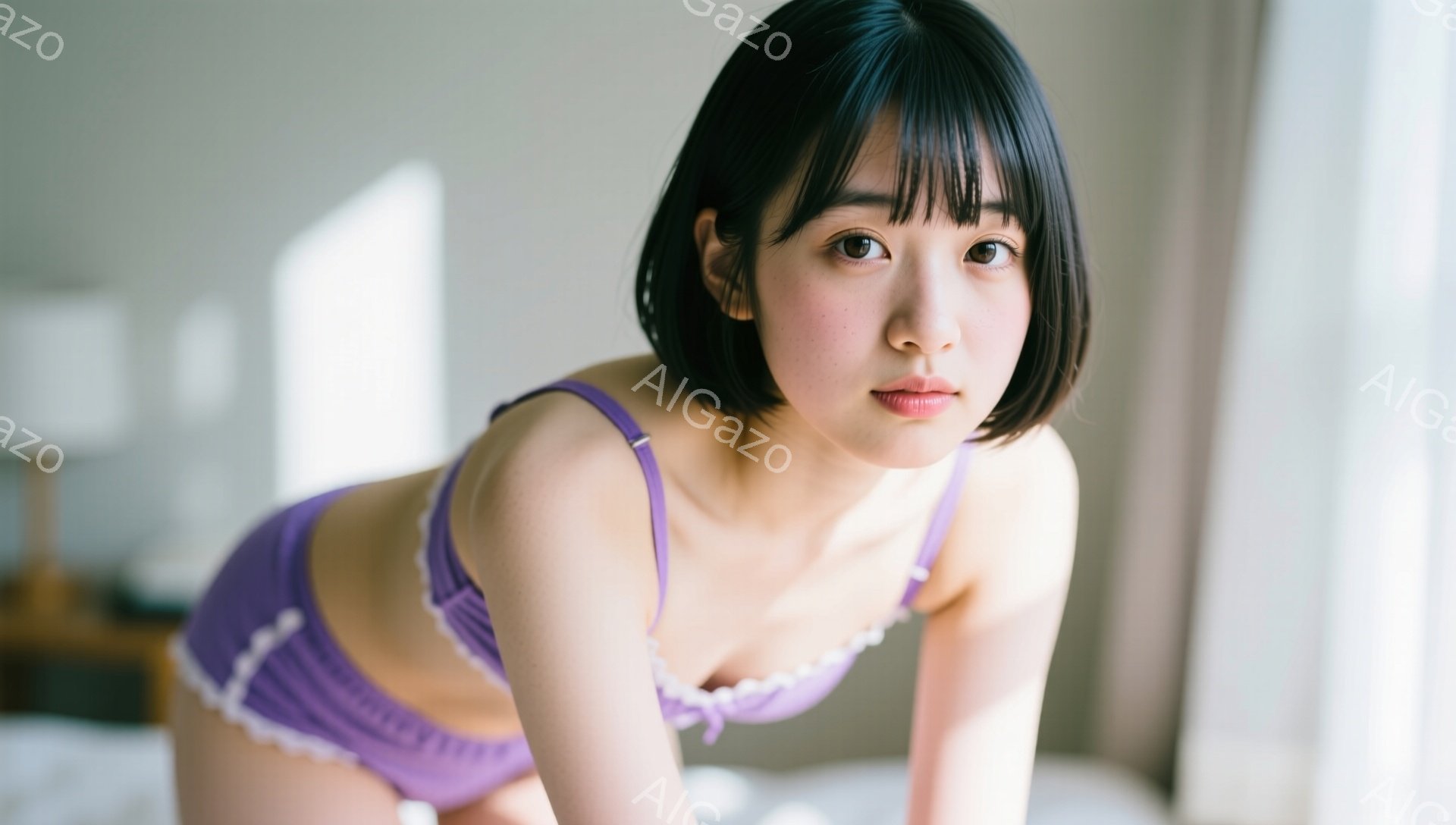 この女性は紫色のレースのブラジャーとショーツを着用し、カメラの方を向いています。短くカットされた黒髪は前髪で額を覆っており、少し憂いを帯びた表情をしています。背景はぼやけたベッドルームで、柔らかい光が差し込んでいます。