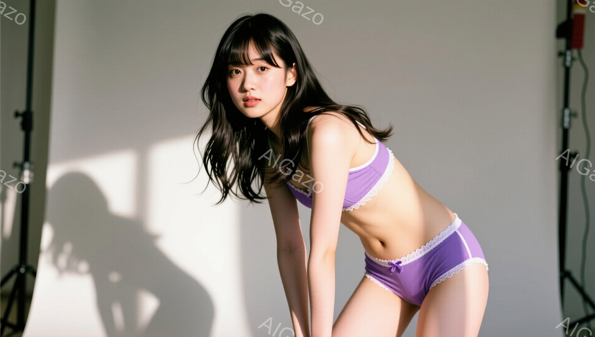 黒髪の女性が、薄紫色のレース装飾のブラジャーとショーツを着用し、少し体をかがめたポーズを取っています。彼女は前髪を少し分けており、表情は穏やかでカメラを見つめています。背景は白く、照明による影が床に伸 - AI生成フリー素材