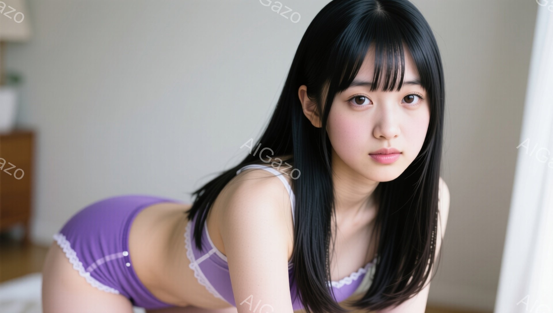 黒髪の女性が、白いレースのブラと紫色のショーツ姿で、白いベッドに横たわっています。彼女はカメラに向かって微笑んでおり、少しうつむき加減で、魅力的な表情をしています。背景は明るく、ぼやけており、部屋の一 - AI生成フリー素材