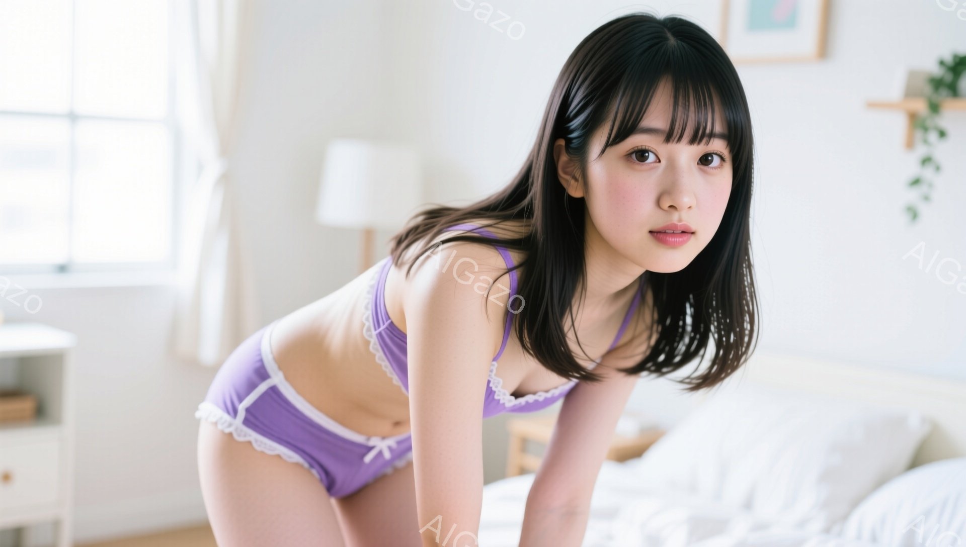 長い黒髪で前髪を少し短く切った女性が、薄紫色のレースのブラジャーとショーツ姿でベッドの上に立っている。彼女はカメラに向かって少し微笑み、優雅なポーズをとっている。背景は明るい室内で、白いベッド、木製の - AI生成フリー素材