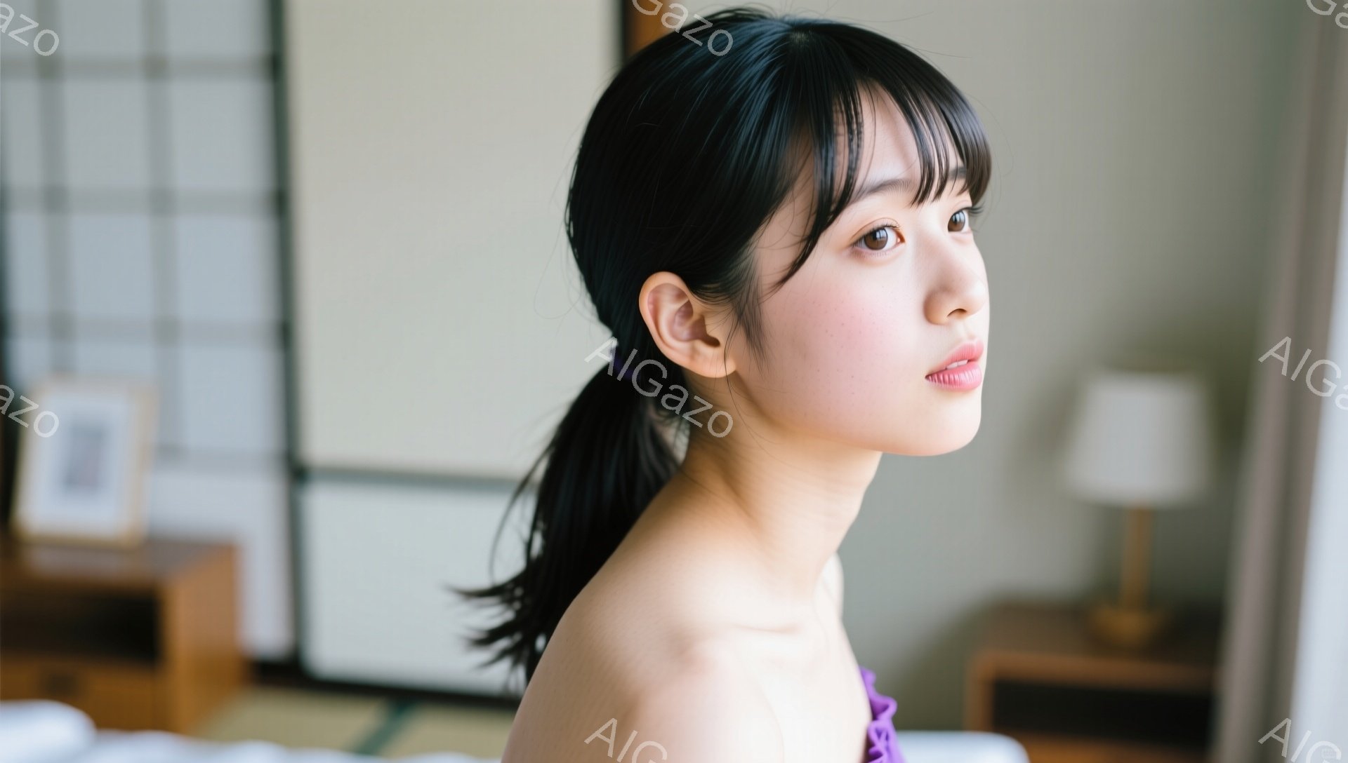 この女性は肩を出し、黒髪をポニーテールにしています。彼女は少し横を向き、穏やかで優しい表情をしています。背景には畳の部屋と木製のテーブル、そしてランプが見え、落ち着いた雰囲気が漂っています。