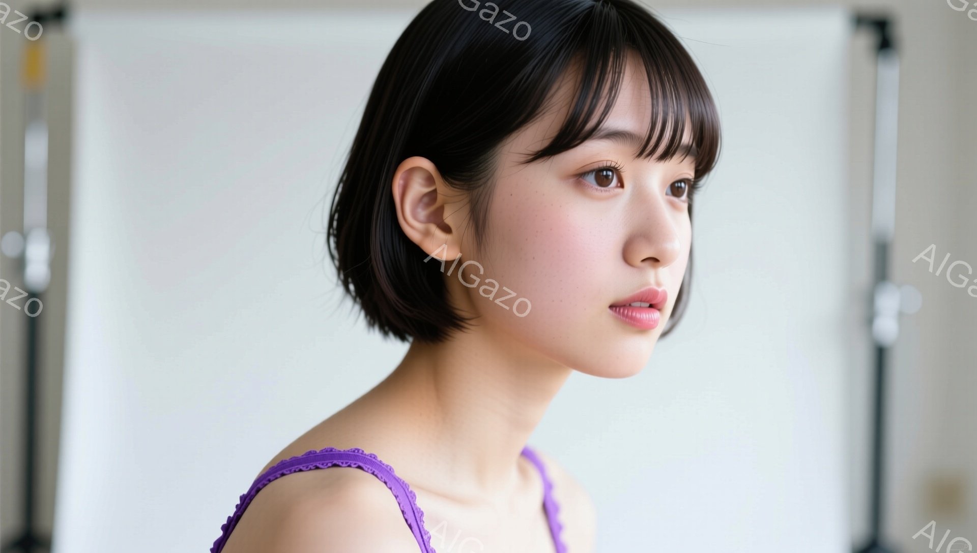 この画像は、黒髪で前髪が眉毛にかかるショートヘアの女性を捉えています。紫色のキャミソールを着ており、少し顎を上げ、何かを考えているかのような表情をしています。背景は白く、撮影用の照明機材がわずかに見え、スタジオ撮影の様子であることが伺えます。