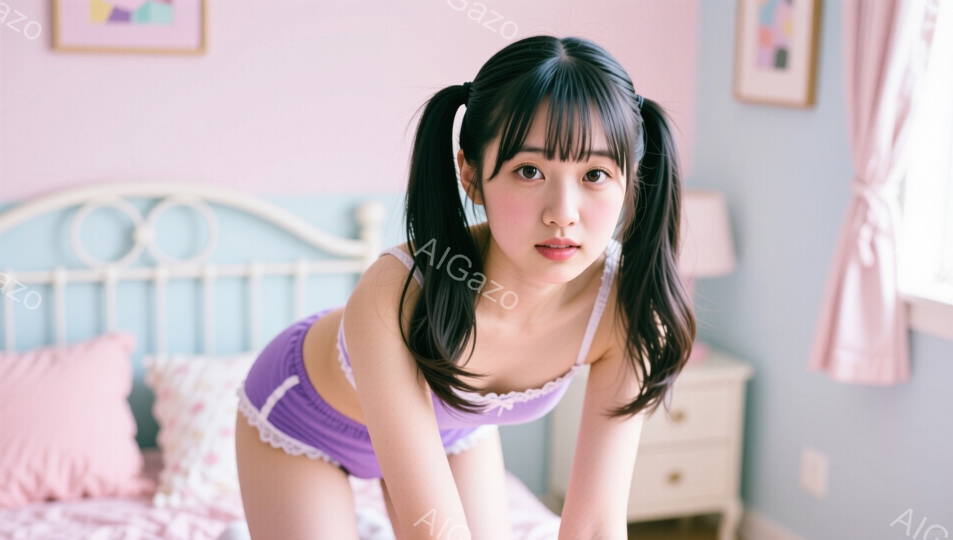 黒髪のツインテールで、明るい笑顔を浮かべた若い女性が写っています。紫色のレース付きキャミソールとショーツ姿で、ベッドの上で少し体を丸め、カメラを見つめています。背景には淡い水色の壁と、ピンクのカーテン - AI生成フリー素材