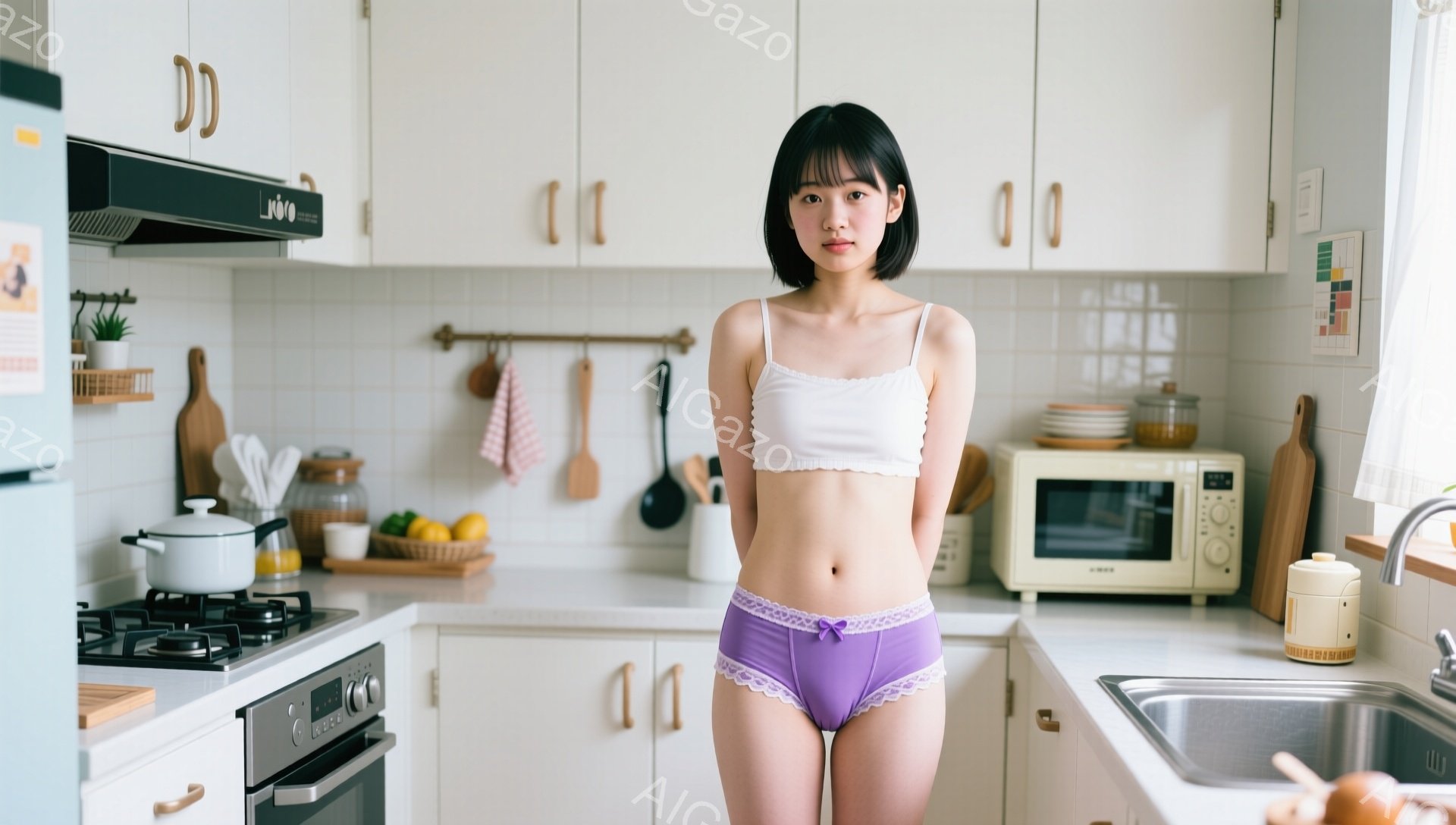 明るいキッチンで、若い女性が白いキャミソールと薄紫色の下着姿で立っている。彼女は黒いショートヘアで、顔は穏やかで表情は控えめだ。背景には、白いキャビネット、調理器具、ステンレス製のシンクが見え、清潔感 - AI生成フリー素材