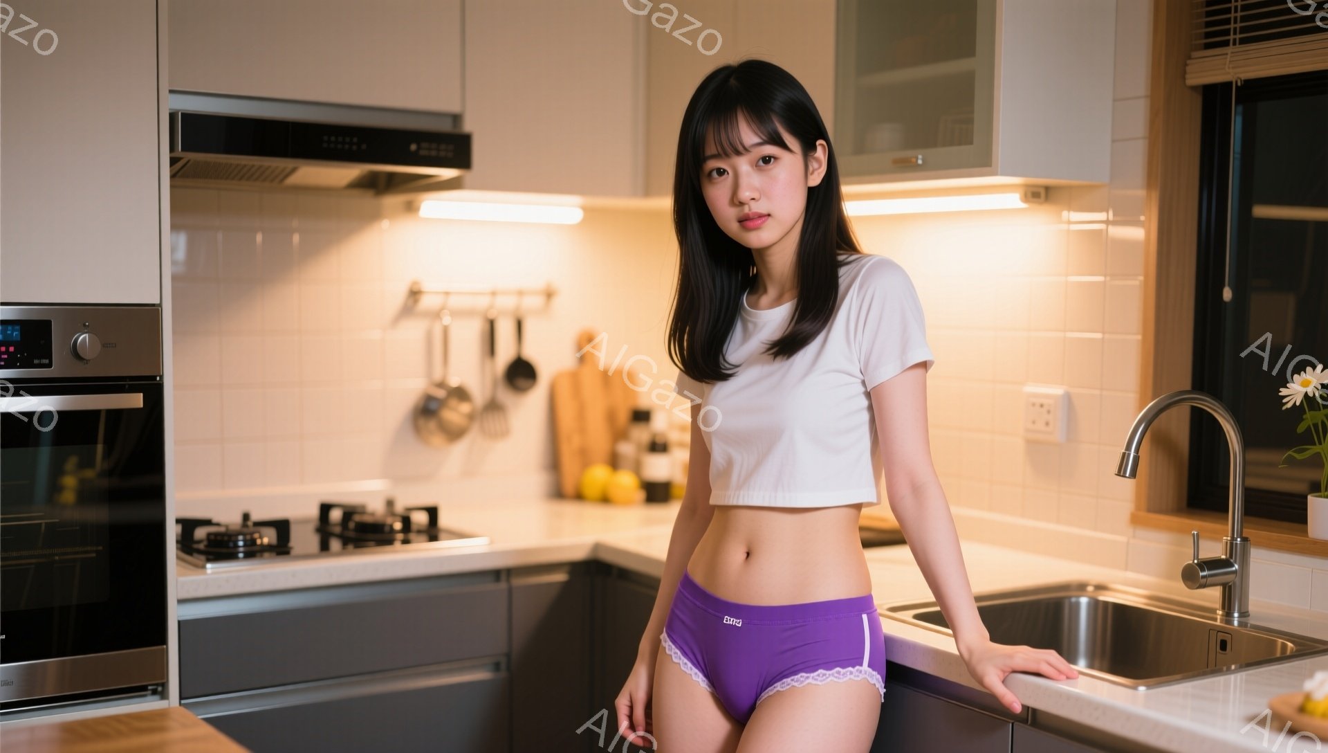 明るいキッチンに立つ若い女性が写っています。彼女は白いクロップド丈のTシャツと紫色の下着を身に着け、濡れた髪を肩にかかっており、少し微笑んだ表情をしています。背景には、調理器具が掛けられた壁、ガスコン - AI生成フリー素材