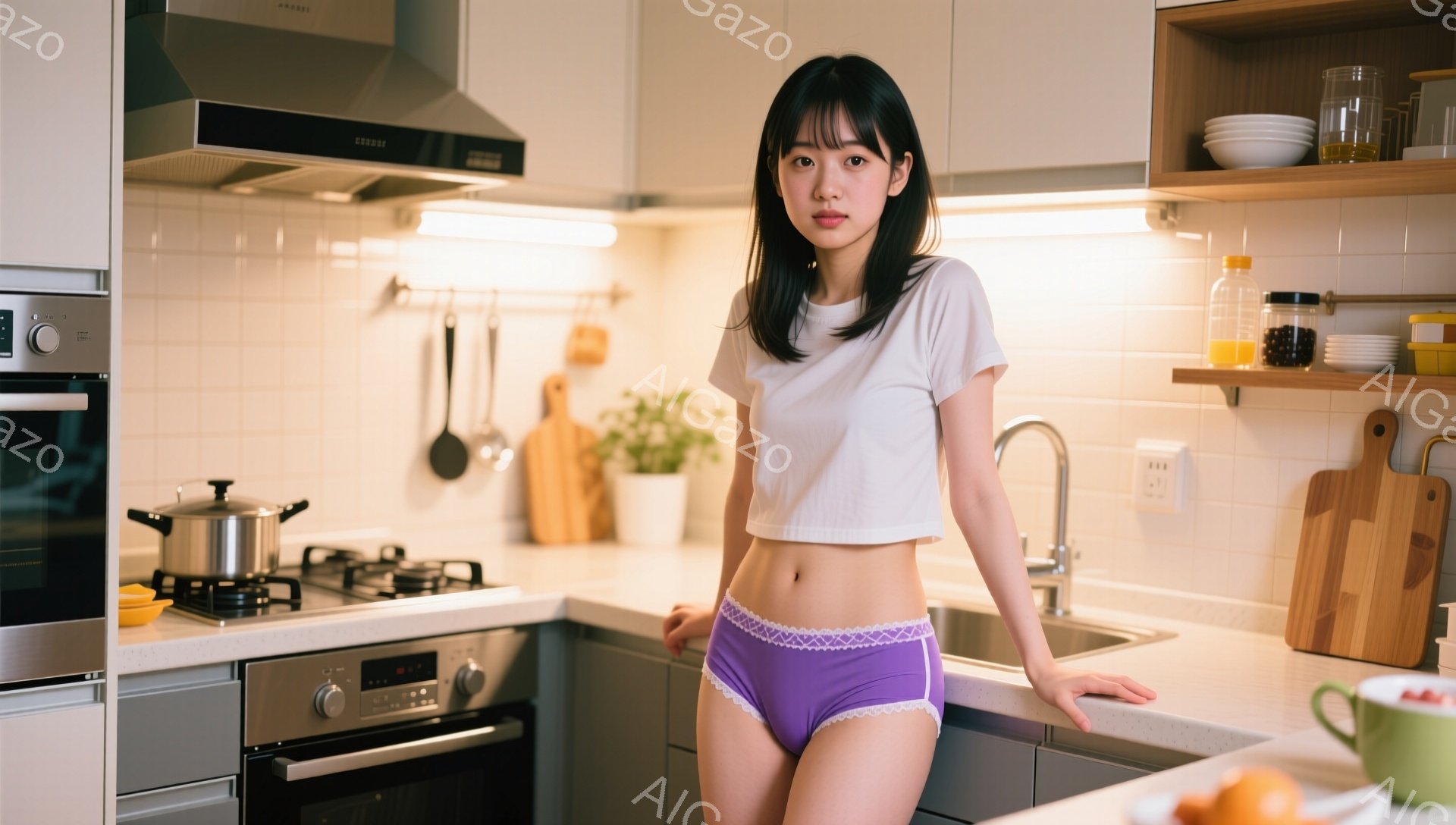 明るいキッチンを背景に、若い女性が白いクロップドトップスと紫色の下着姿で立っている。彼女は黒髪で、軽くウェーブがかかっており、表情は穏やかで少し微笑んでいる。キッチンには調理器具や食器が整然と並べられ - AI生成フリー素材
