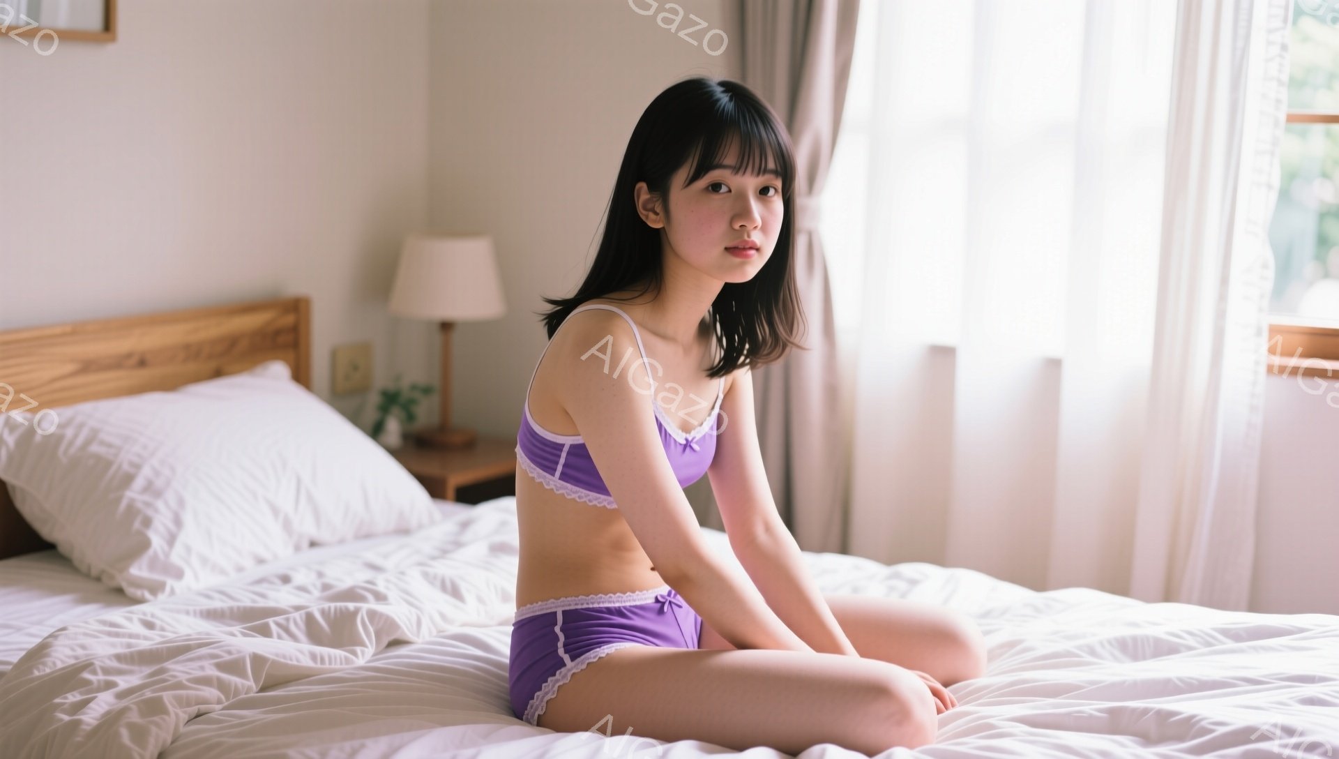 若い女性がベッドに座っており、薄紫色のランジェリーセットを着用しています。彼女は黒髪のボブヘアで、少し憂いを帯びた表情を浮かべています。背景には木製のヘッドボードとナイトテーブル、そして窓から差し込む - AI生成フリー素材