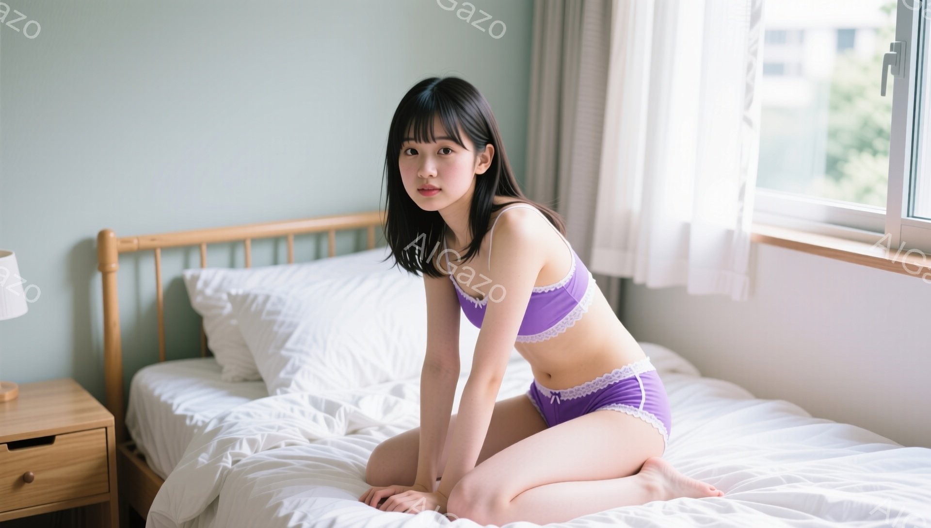 紫色のブラとショーツを身に着けた若い女性が白いベッドに座っています。彼女は黒髪で、前髪は眉毛にかかり、少し微笑んでいます。背景には窓から光が差し込み、白いカーテンと建物のシルエットが見えます。 - AI生成フリー素材