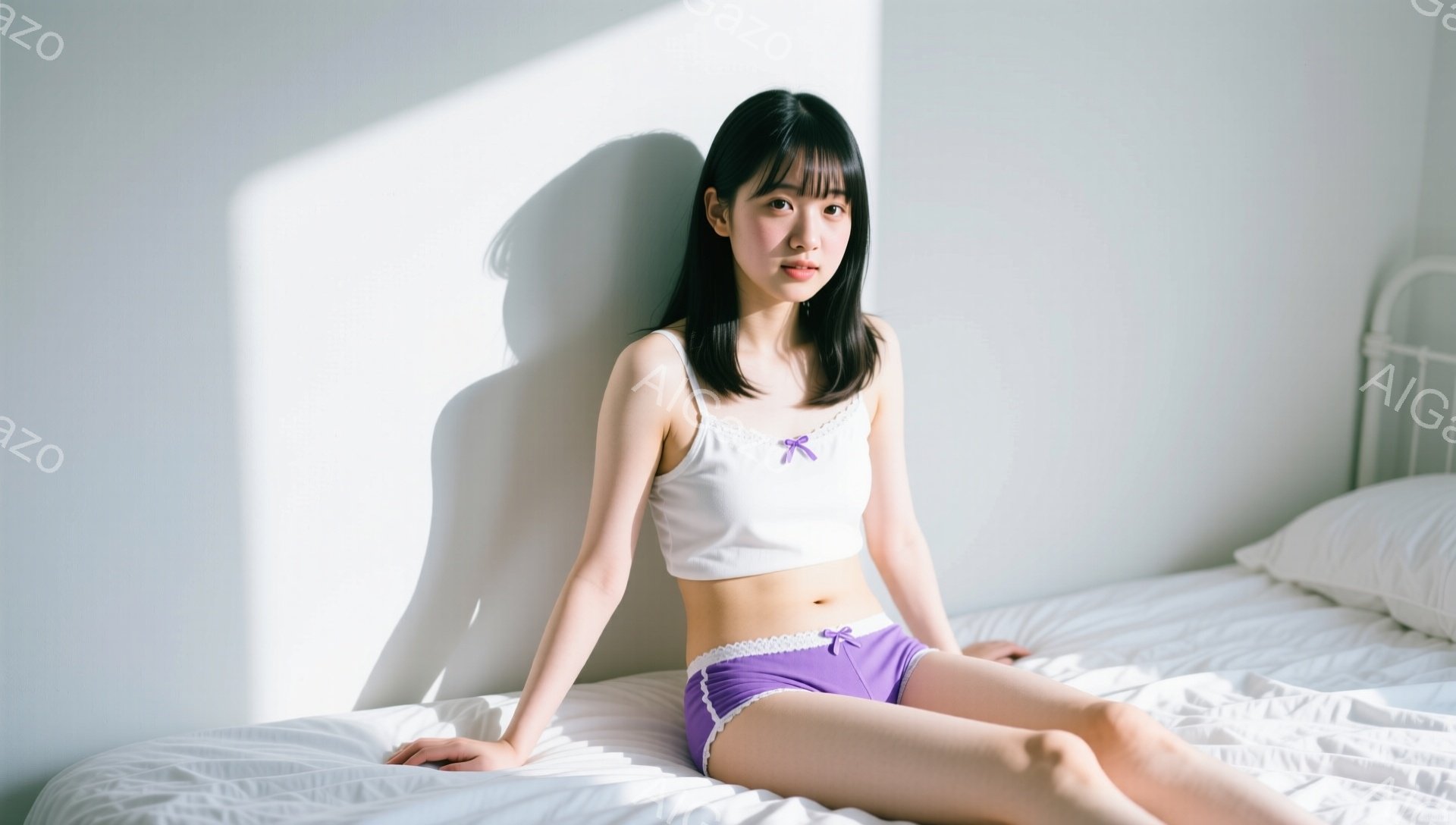 黒髪の女性が白いベッドに座っており、白いレースのトリムが付いたキャミソールと、紫色のリボンが付いた下着を着ています。彼女はリラックスした表情でカメラを見つめ、片手を膝に置き、もう片方の手でベッドを支え - AI生成フリー素材