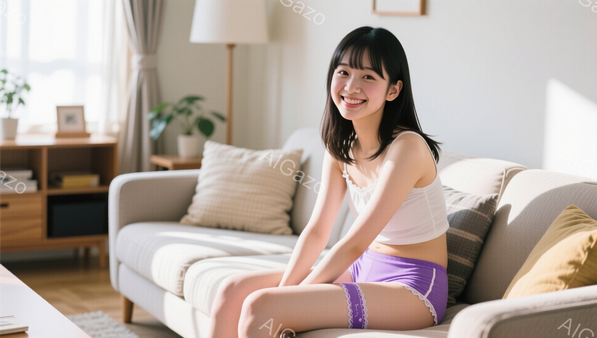 明るいリビングルームで、若い女性がソファに座って笑顔を浮かべている。彼女は白いタンクトップと薄紫色のショーツを着用し、前髪を下ろしたロングヘアで、リラックスした姿勢で足を組んでいる。背景には本棚や観葉 - AI生成フリー素材