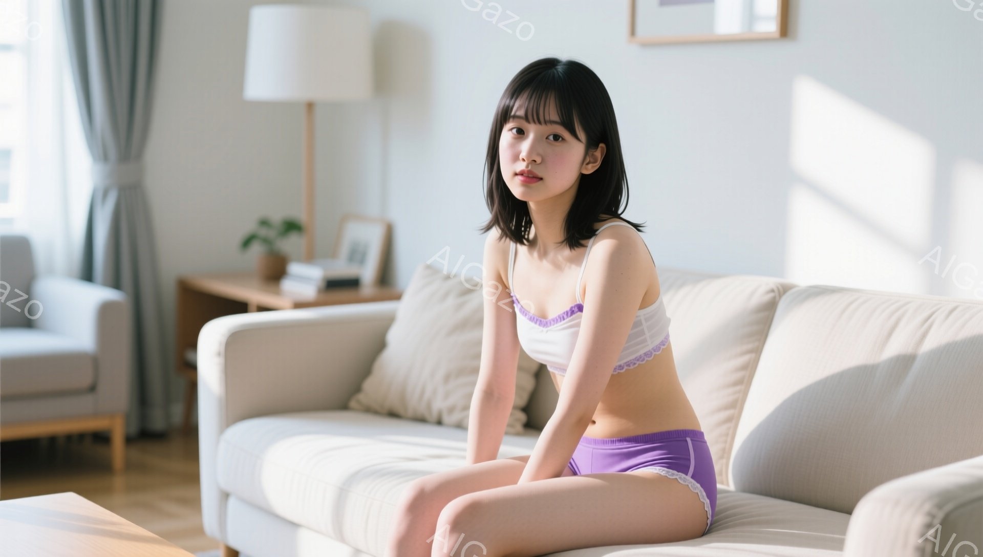 明るいリビングルームのソファに若い女性が座っています。彼女は白と紫のキャミソールとショーツ姿で、長い黒髪を肩まで伸ばし、前髪は眉毛にかかっています。表情は穏やかで、わずかに微笑んでいます。 - AI生成フリー素材