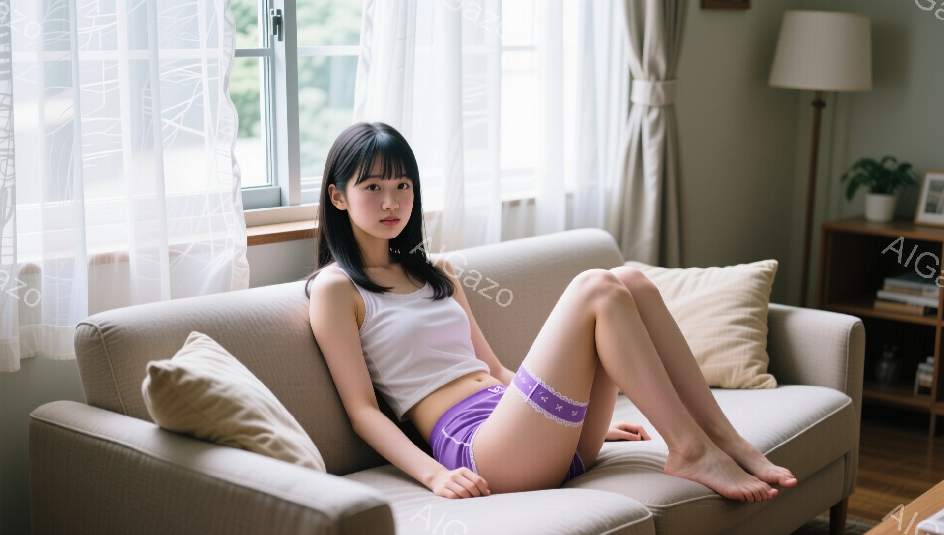 長い黒髪を肩で分けている若い女性が、ベージュ色のソファに座っています。白いタンクトップと、レースの飾りと星柄が入った紫色のショーツを身につけ、足を組んでリラックスした表情をしています。背景には、白いカ - AI生成フリー素材