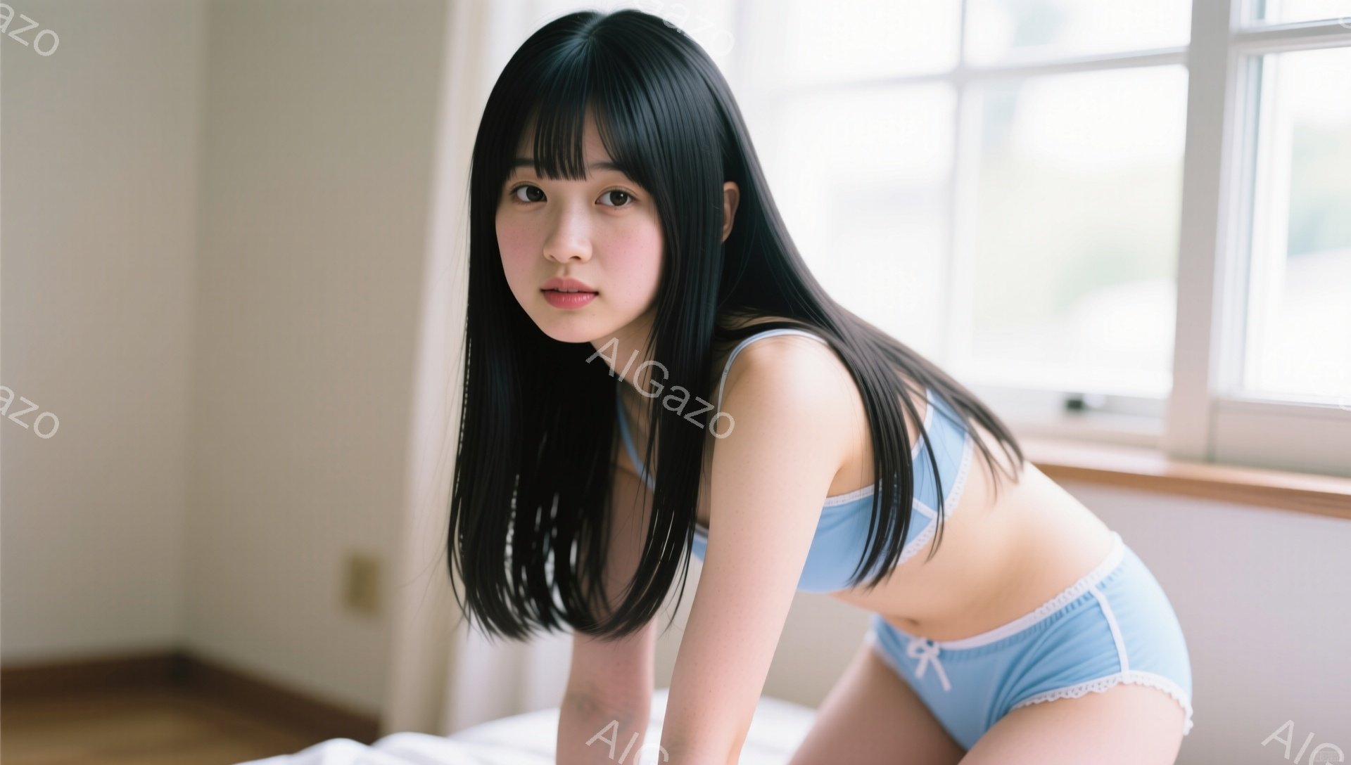 長い黒髪を肩のあたりで分けている女性が、薄い水色のランジェリーを着用してベッドに横たわっている。彼女はカメラを見つめ、わずかに微笑んでいるように見える。背景には白い壁と窓が見え、室内が明るく照らされて - AI生成フリー素材