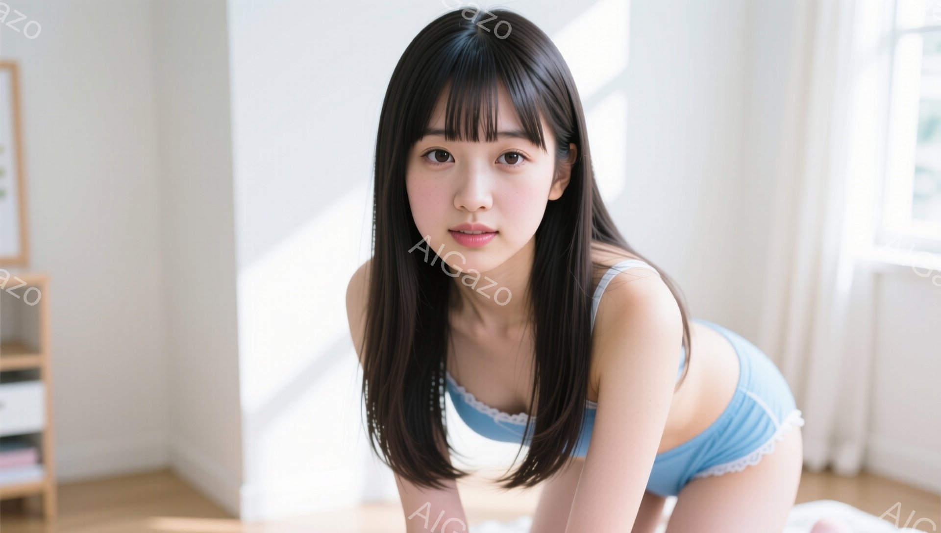 長い黒髪で前髪が目に少しかかる女性が写っています。水色のレースのついたブラとショーツ姿で、床にうつ伏せになり、カメラに向かって微笑んでいます。背景は明るい室内で、白い壁と木製の棚が見え、全体的に柔らか - AI生成フリー素材