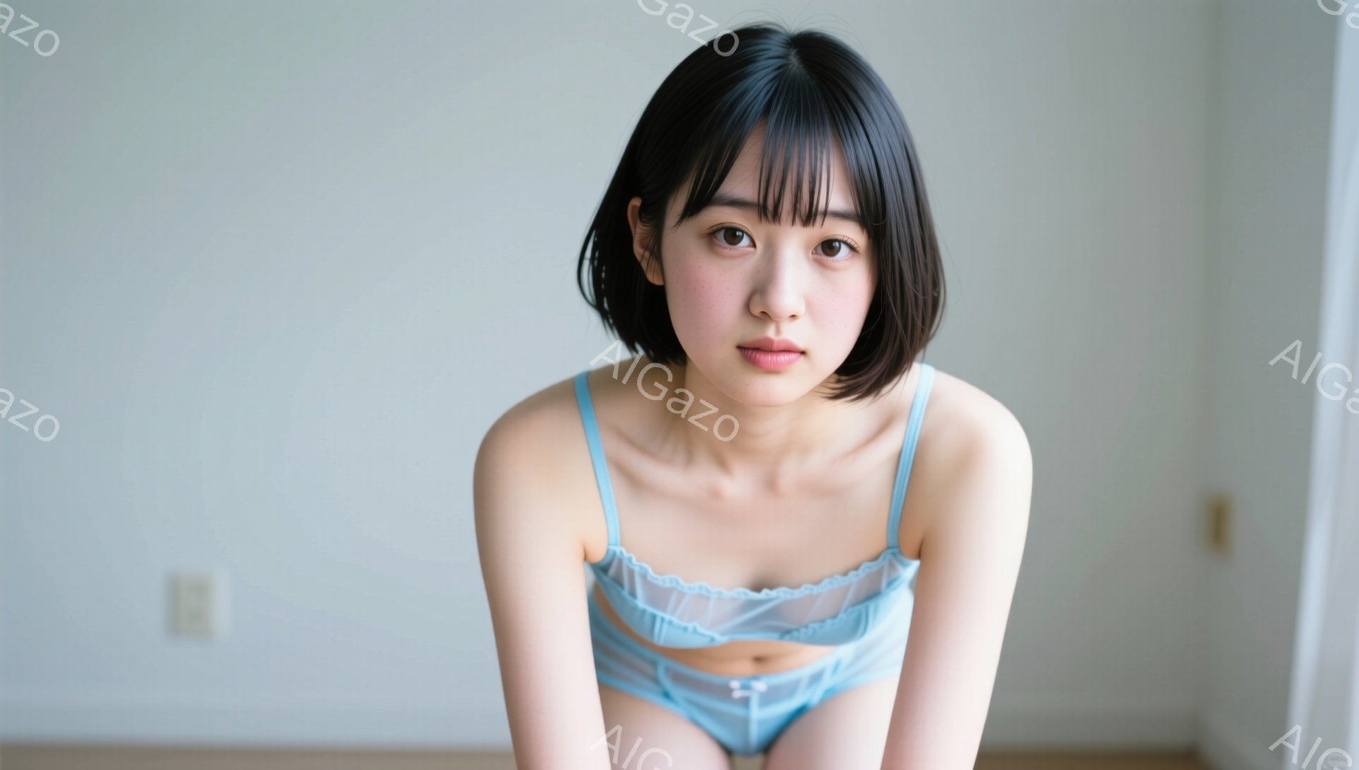 明るい茶髪のショートヘアの女性が、淡い水色のレースのブラとショーツのセットを身に着けています。彼女は少し膝を曲げ、両手を膝に乗せて座っており、少し下を向いた表情でカメラを見つめています。背景はシンプルな白い壁で、部屋の一角にあるようです。