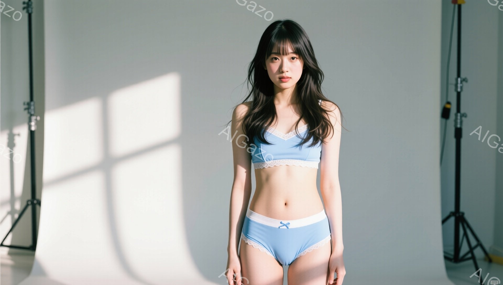 長い黒髪で、前髪が少し目にかかる女性が、淡い水色のランジェリーセットを身に着けて立っています。彼女は少し微笑んでおり、ストレートな視線をカメラに向けています。背景は白い壁で、撮影用ライトが配置されてお - AI生成フリー素材