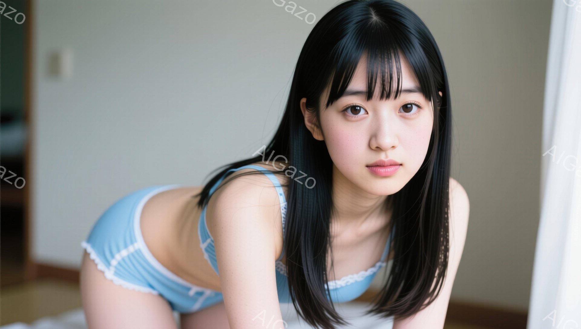 長い黒髪をセンターパートにした女性が、淡い水色のランジェリー姿でカメラを見つめています。彼女は白い毛布の上にうつ伏せになり、少し上体を起こして挑むような表情を浮かべています。背景は白い壁と窓からの自然光で、柔らかく優しい雰囲気が漂っています。