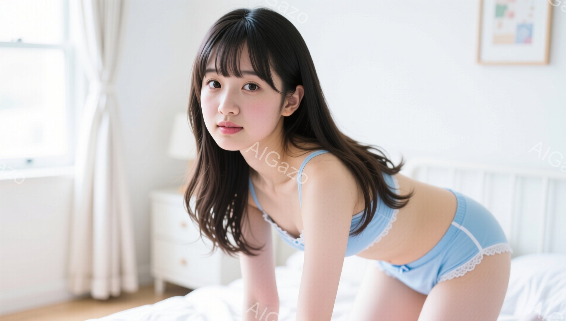 黒髪の女性がベッドの上でポーズをとっています。彼女は水色のレースの付いたブラとショーツを身につけ、少し微笑んでいます。背景には白いベッドフレームと、薄いベージュの壁、そして抽象的な絵画が見えます。 - AI生成フリー素材